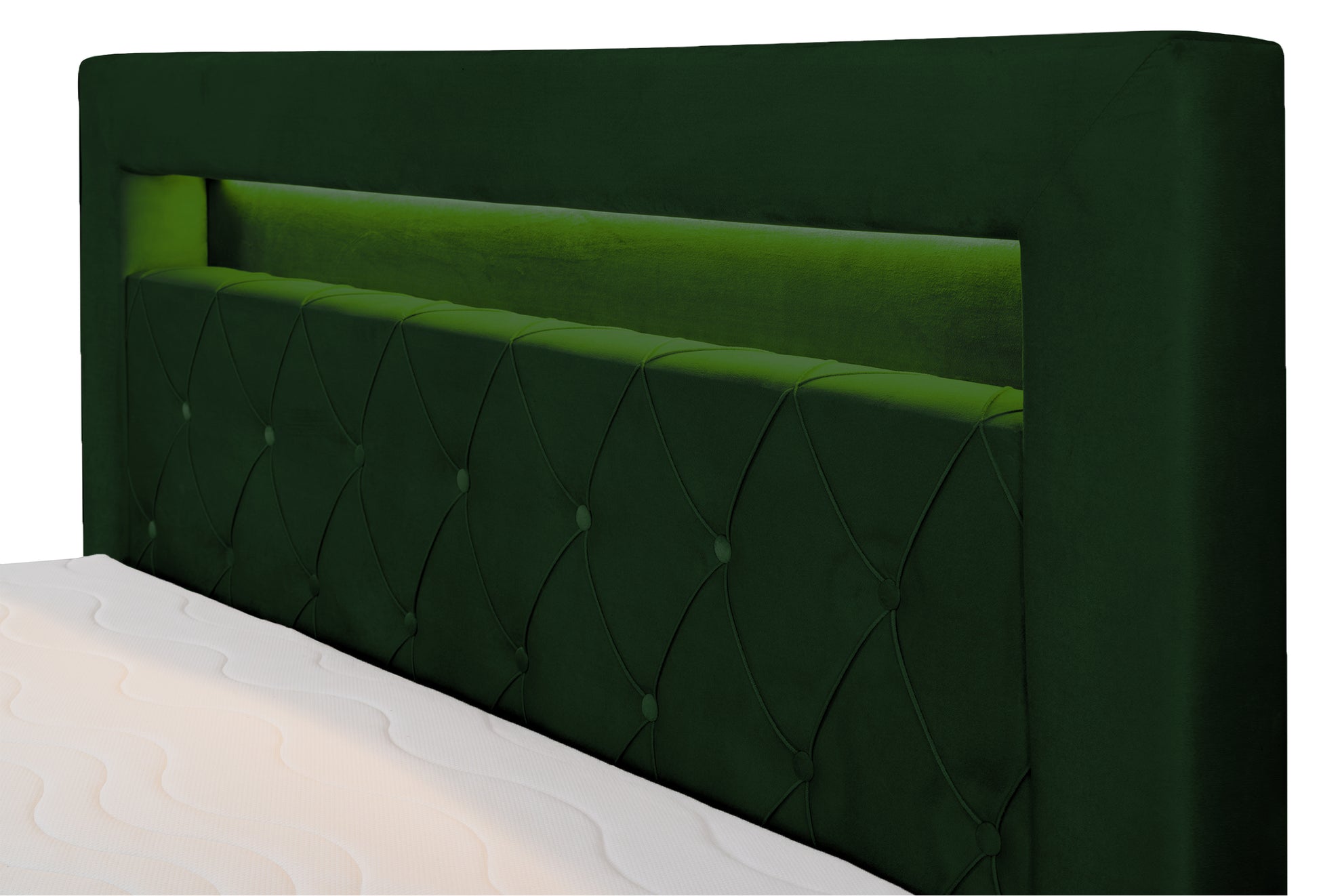 Łóżko kontynentalne Goldess 160x200 cm z pojemnikami i oświetleniem LED butelkowa zieleń - rodzaj dwuosobowy