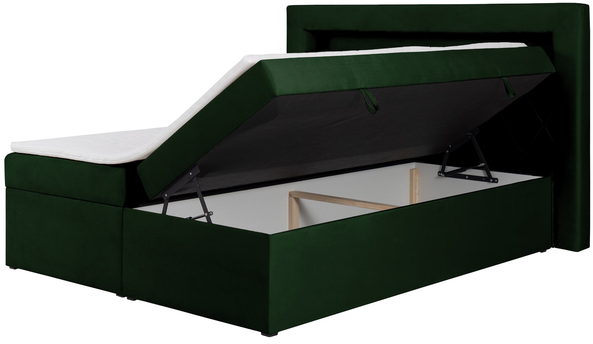 Łóżko kontynentalne Goldess 160x200 cm z pojemnikami i oświetleniem LED butelkowa zieleń - materiał płyta meblowa