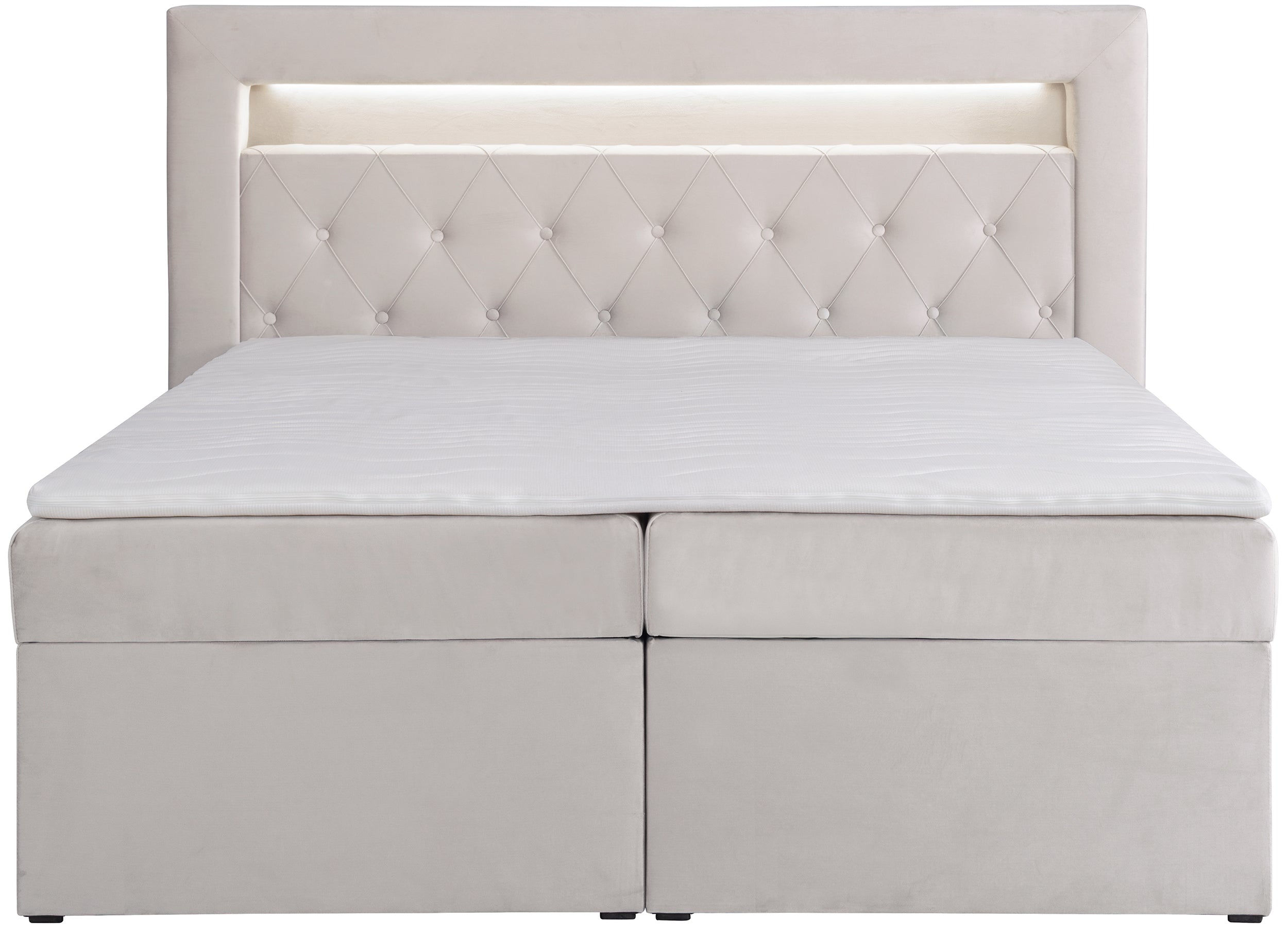 Łóżko kontynentalne 180x200 cm Goldess z pojemnikami i oświetleniem LED szarobeżowe welwet
