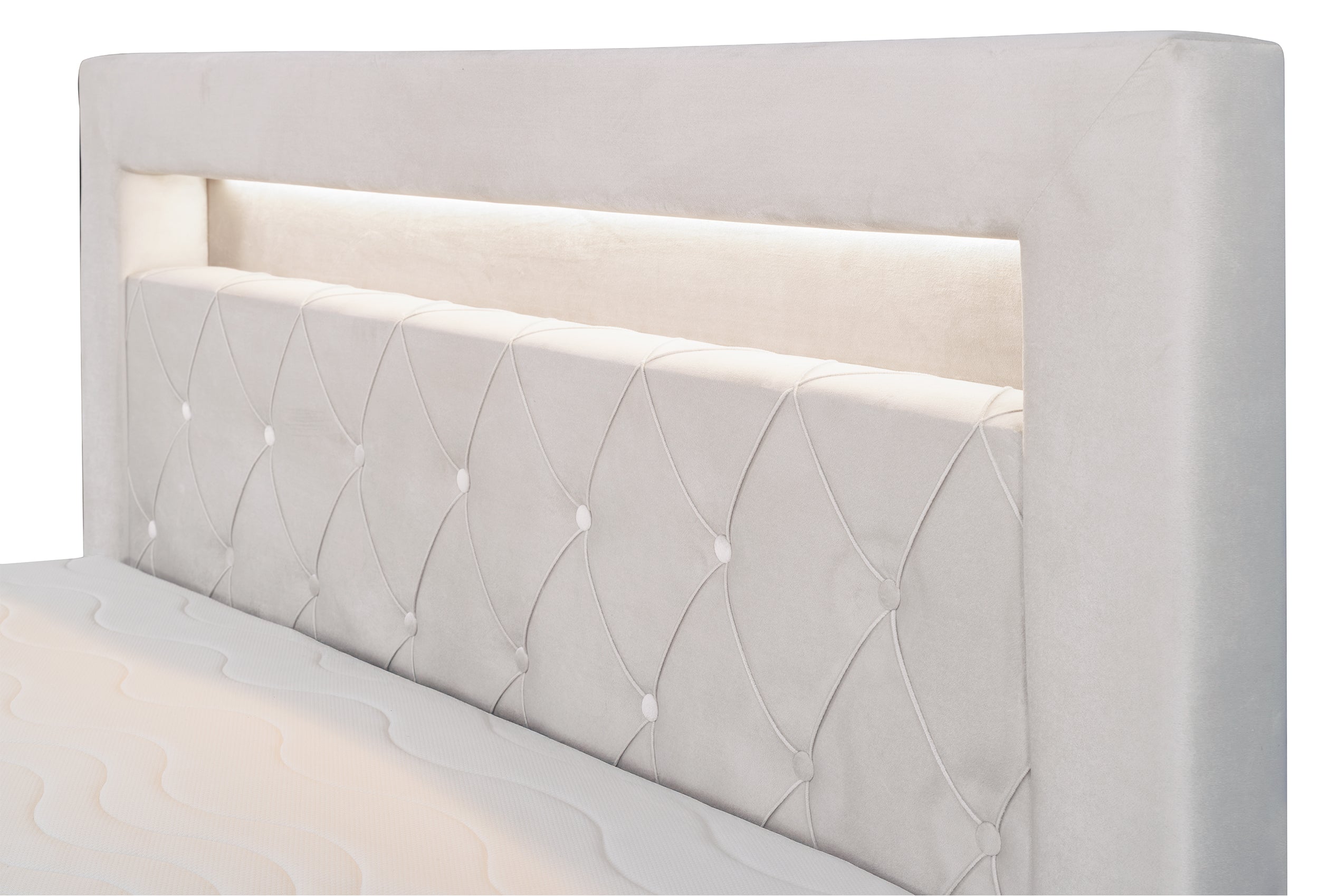 Łóżko kontynentalne Goldess 160x200 cm z pojemnikami i oświetleniem LED szarobeżowe - rodzaj dwuosobowy