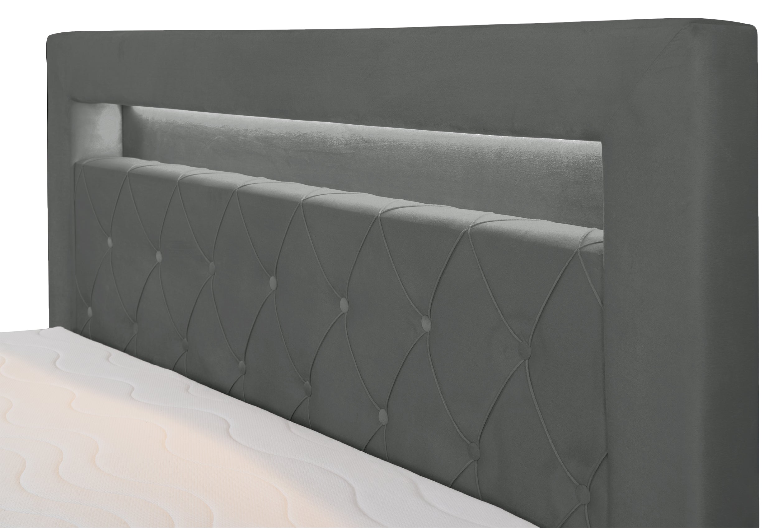 Łóżko kontynentalne 160x200 cm Goldess z pojemnikami i oświetleniem LED ciemnoszare welwet