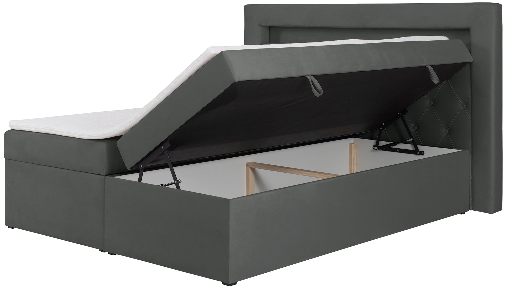 Łóżko kontynentalne Goldess 140x200 cm z pojemnikami i oświetleniem LED ciemnoszare - materiał płyta meblowa