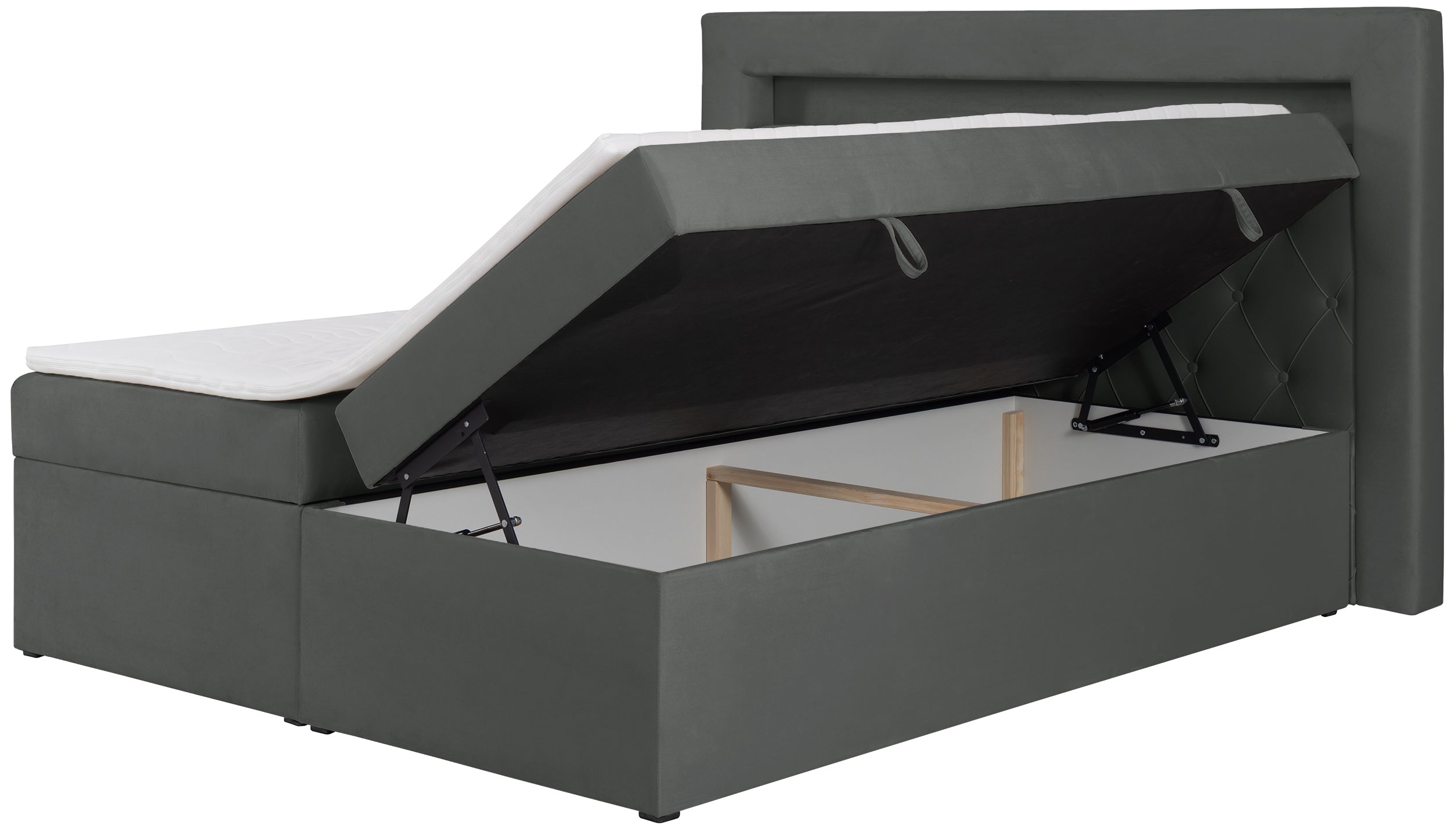 Łóżko kontynentalne Goldess 140x200 cm z pojemnikami i oświetleniem LED ciemnoszare - materiał płyta meblowa