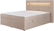 Łóżko kontynentalne 140x200 cm Goldess z pojemnikami i oświetleniem LED beżowe welwet