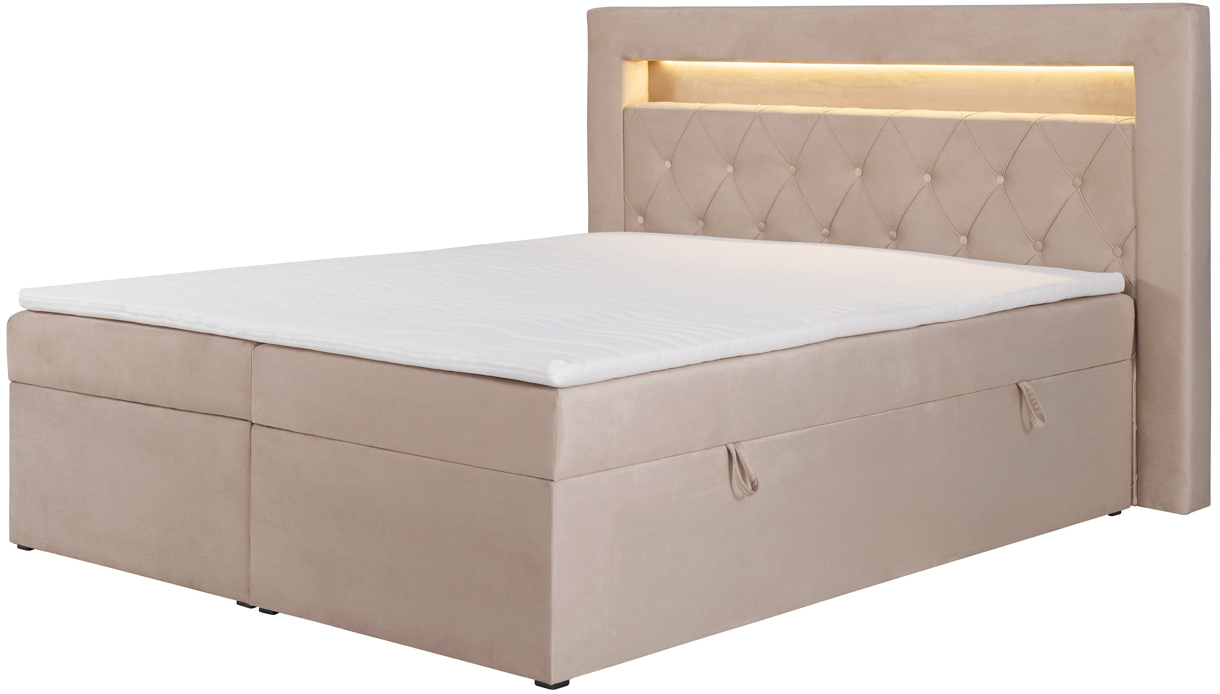 Łóżko kontynentalne 140x200 cm Goldess z pojemnikami i oświetleniem LED beżowe welwet