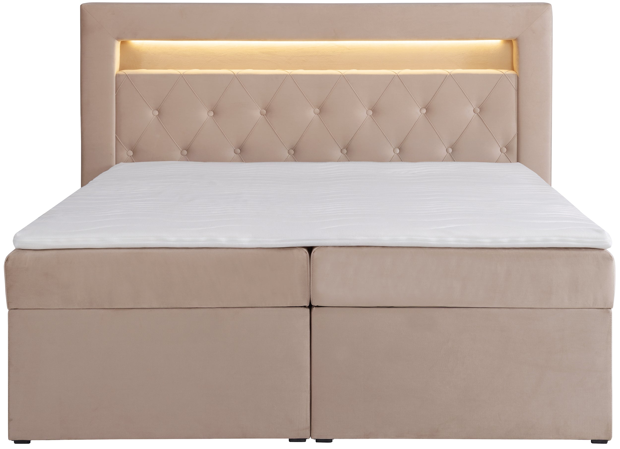 Łóżko kontynentalne 160x200 cm Goldess z pojemnikami i oświetleniem LED beżowe welwet