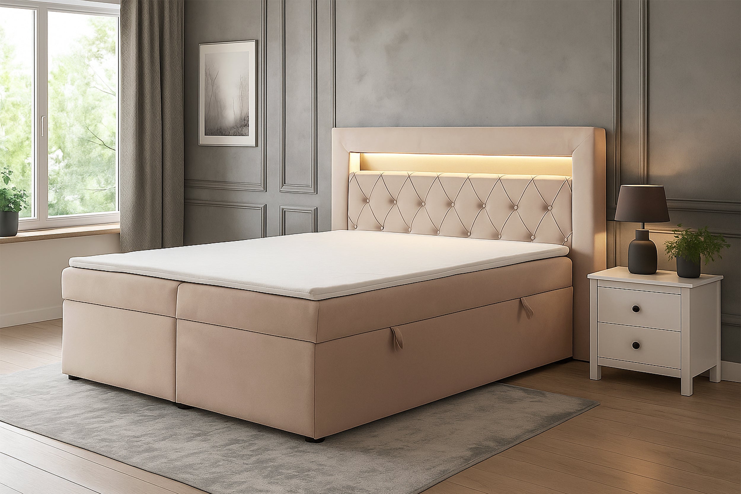 Łóżko kontynentalne Goldess 140x200 cm z pojemnikami i oświetleniem LED beżowe - z materacem