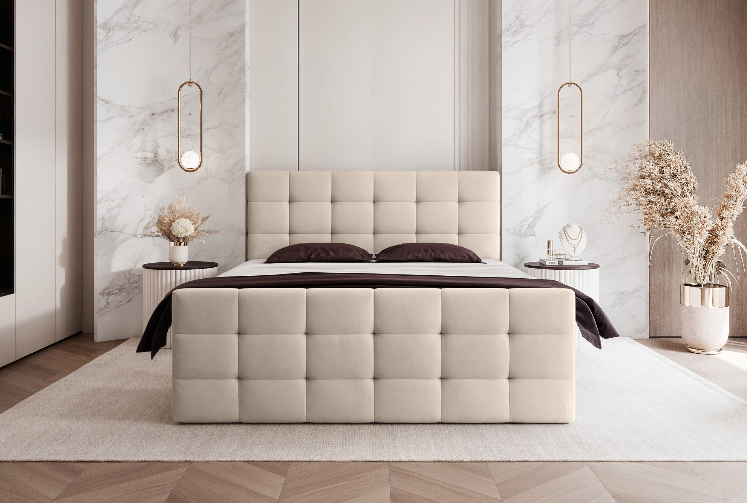 Łóżko kontynentalne Padwa 160x200 cm z pojemnikami i topperem jasnobeżowe - widok od frontu