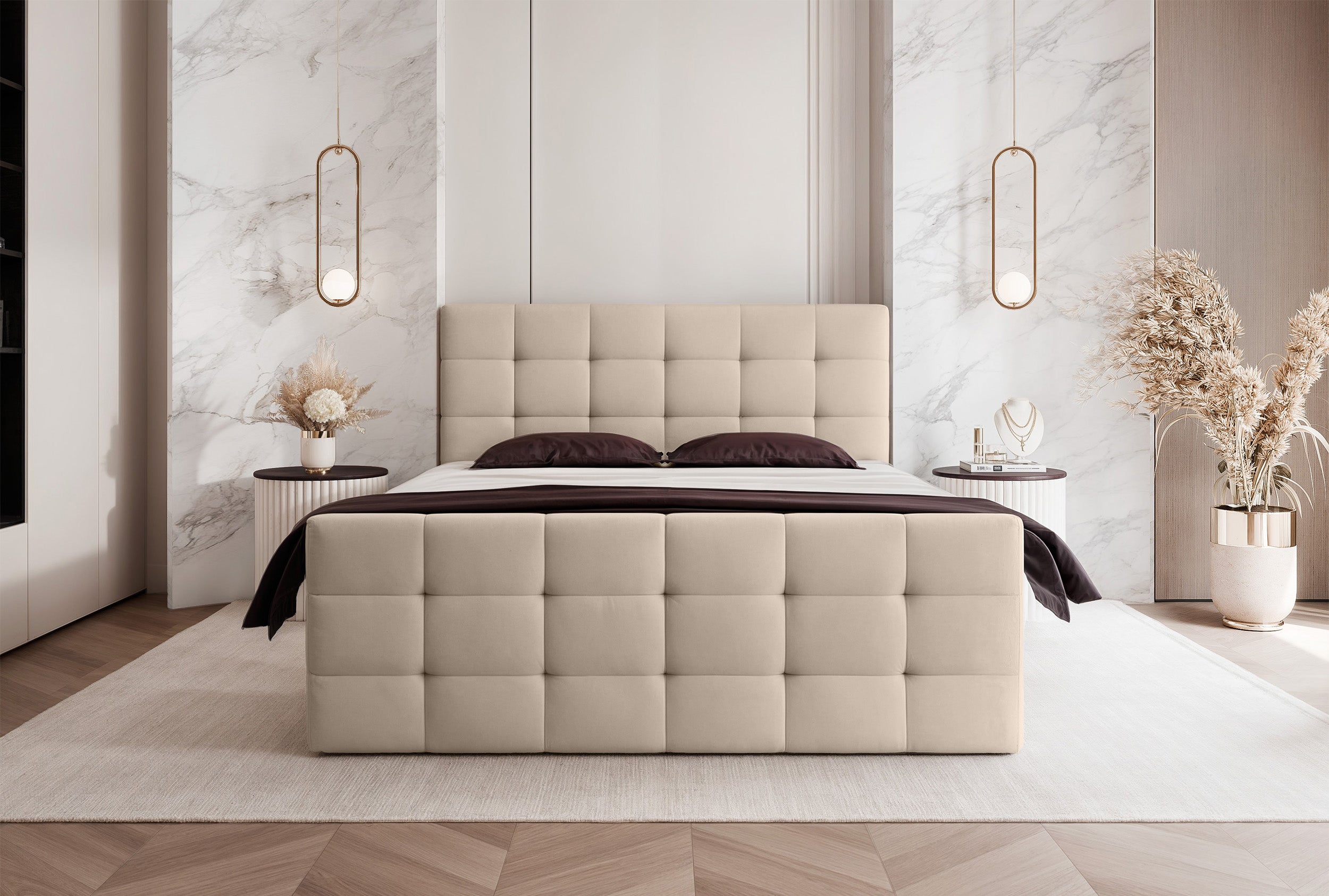 Łóżko kontynentalne 140x200 cm Padwa z pojemnikami i topperem beżowe welur
