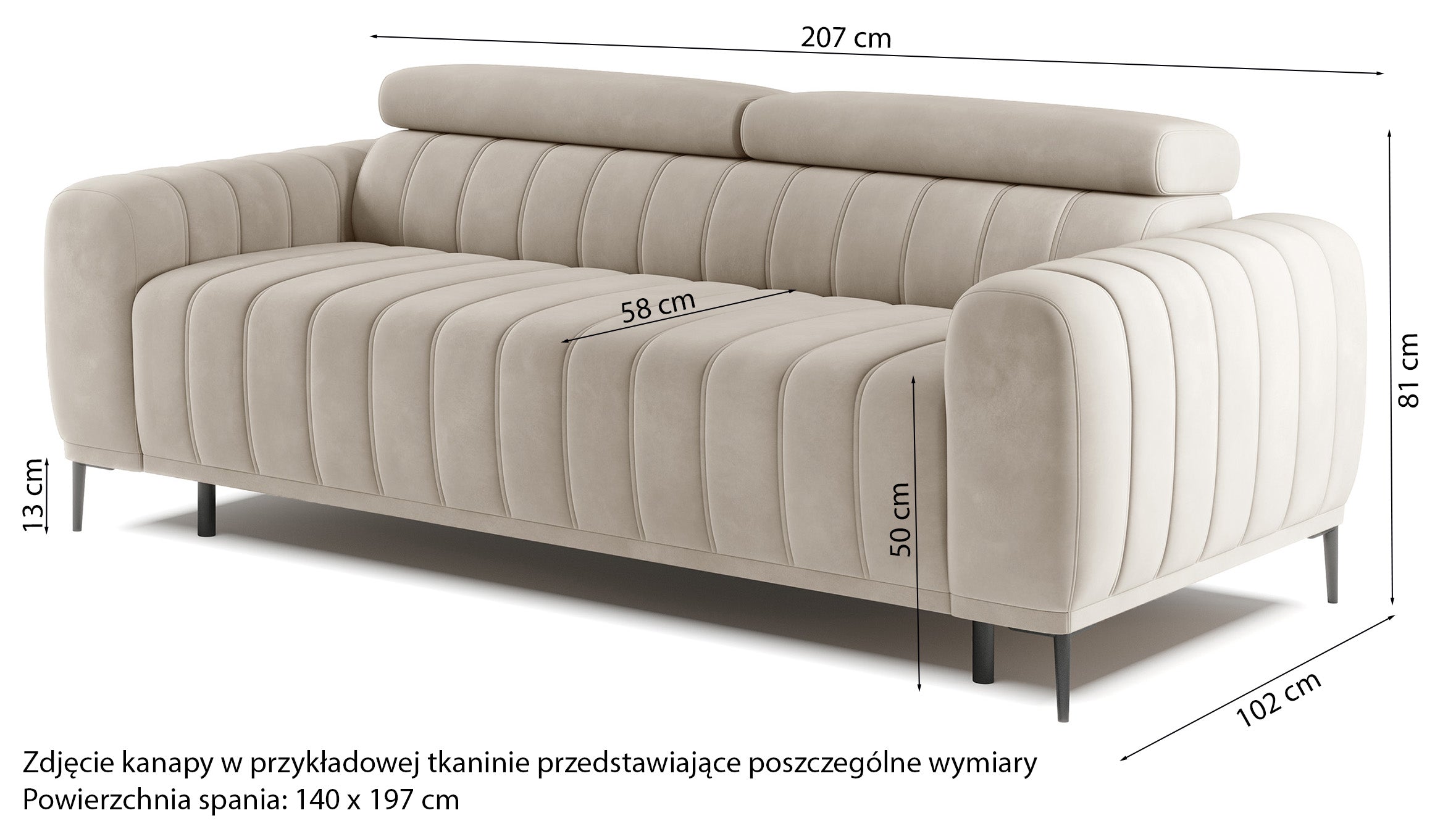 Rysunek wymiarowy - Kanapa rozkładana Gandi butelkowa zieleń: szerokość 207 cm, głębokość 102 cm, wysokość 81 cm