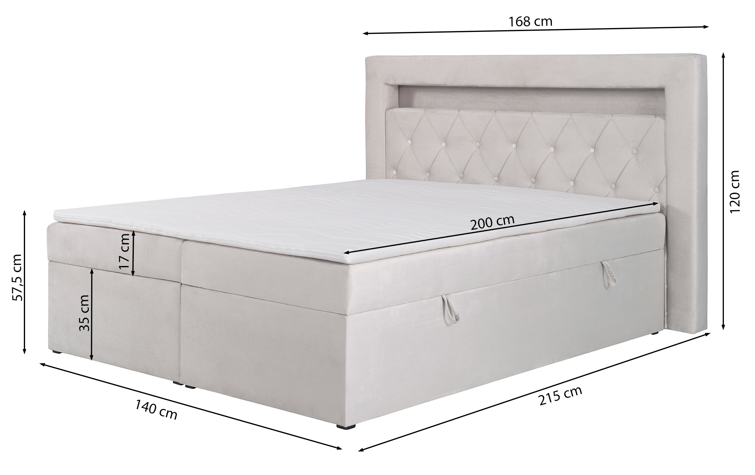 Łóżko kontynentalne 140x200 cm Goldess z pojemnikami i oświetleniem LED butelkowa zieleń welwet
