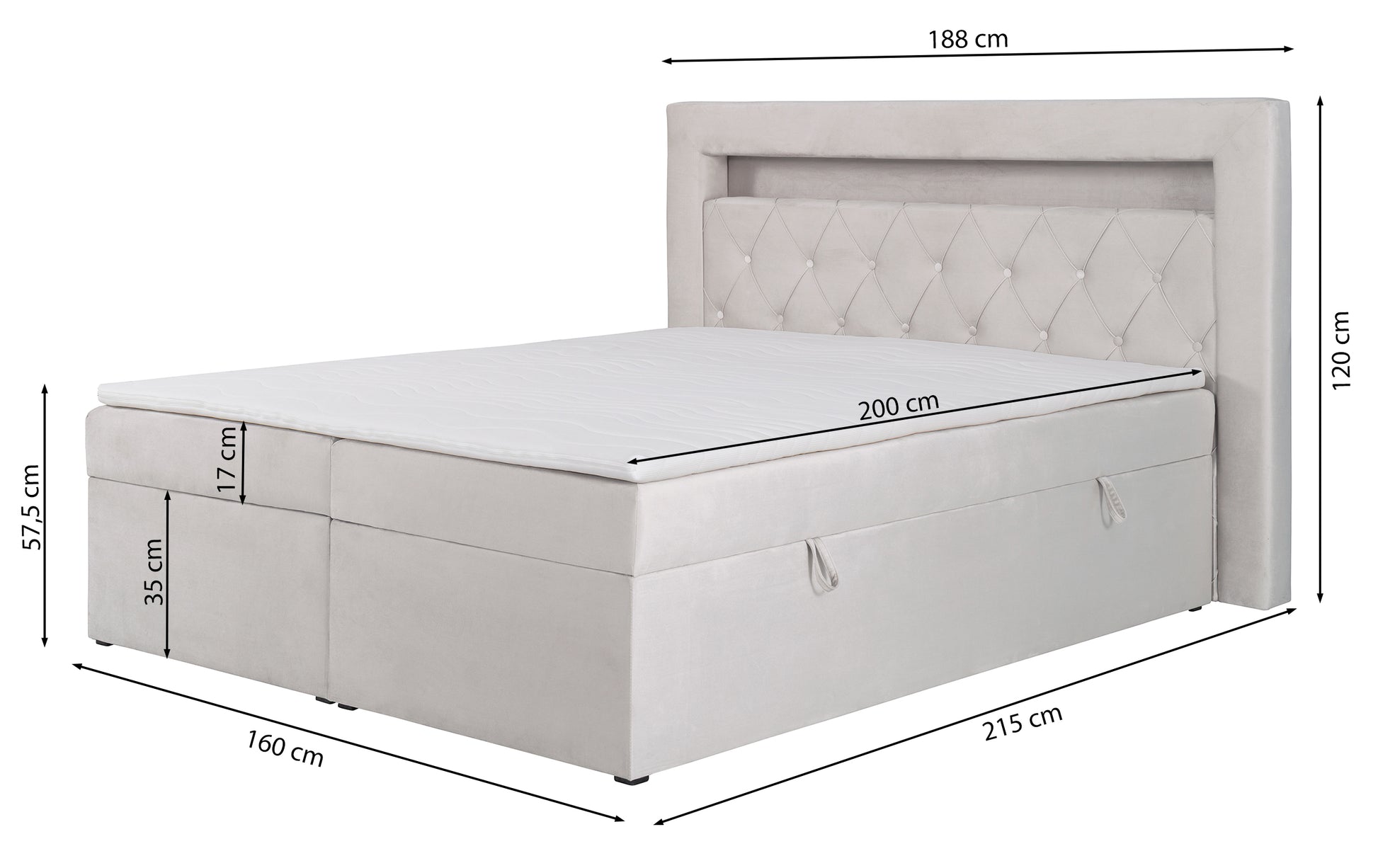 Łóżko kontynentalne Goldess 160x200 cm z pojemnikami i oświetleniem LED butelkowa zieleń - materiał tkanina