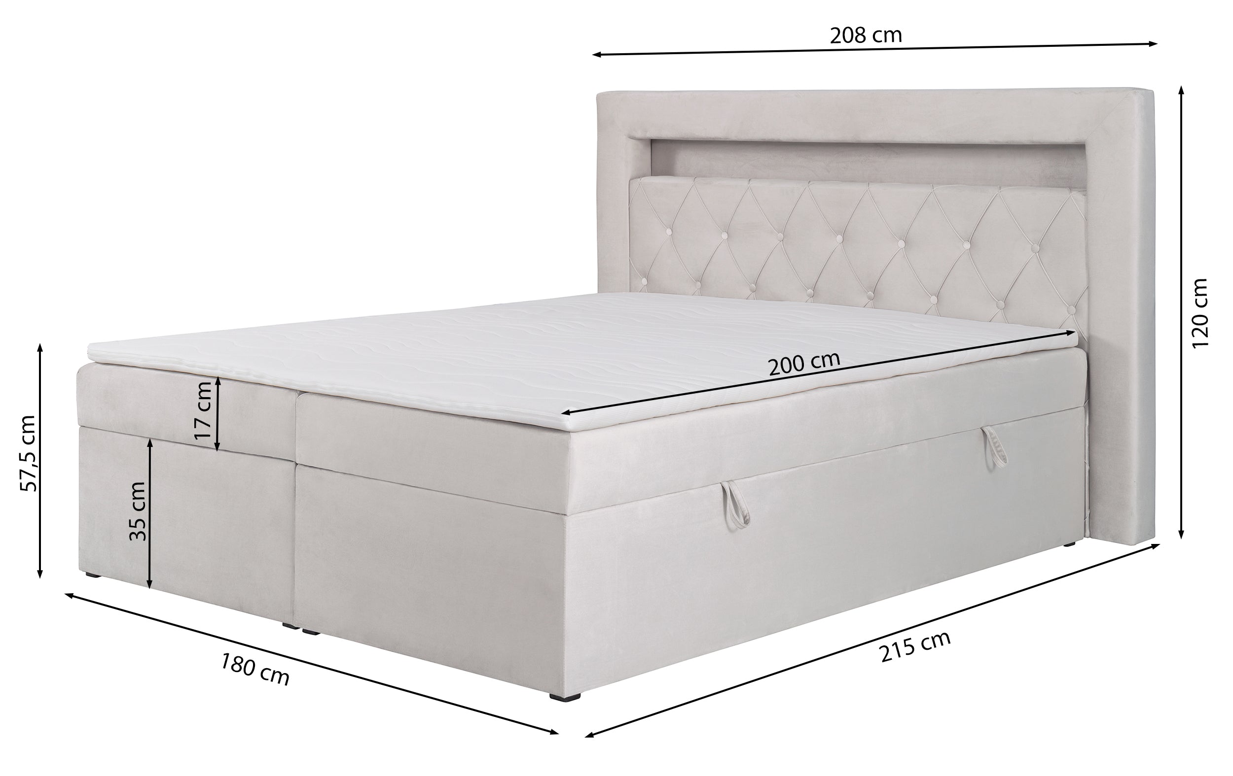 Łóżko kontynentalne 180x200 cm Goldess z pojemnikami i oświetleniem LED szarobeżowe welwet