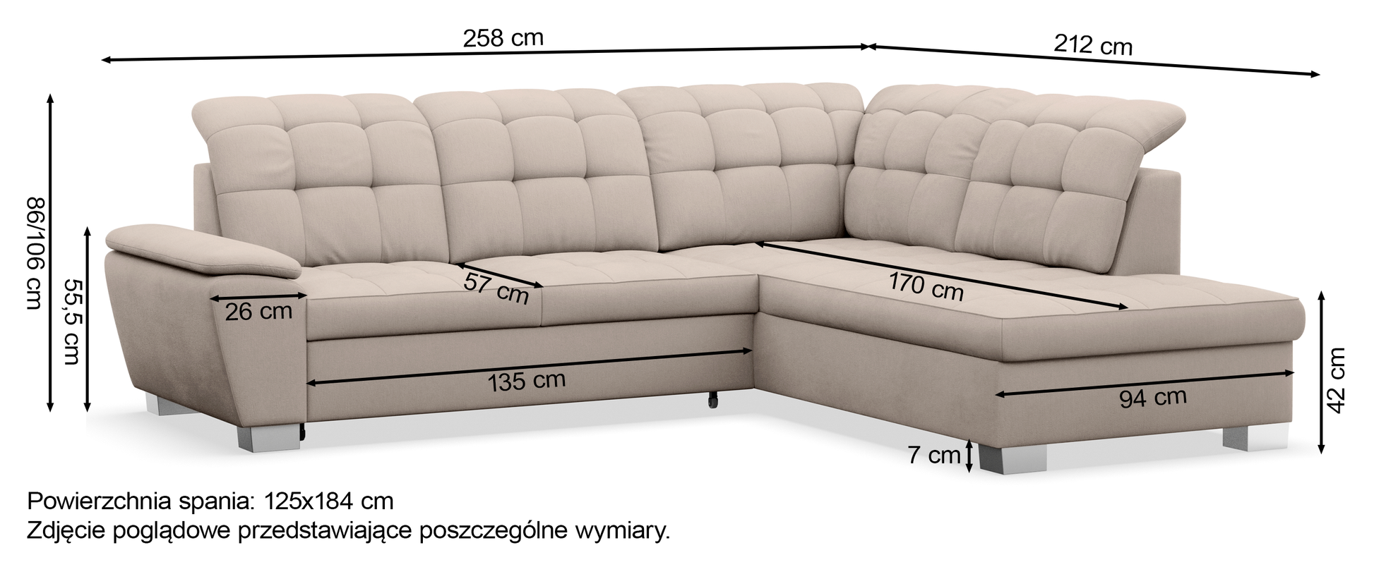 Rysunek wymiarowy - Narożnik Jamaal L-kształtny lewostronny z pojemnikiem beżowy plecionka: szerokość 258 cm, głębokość 212 cm, wysokość 106 cm