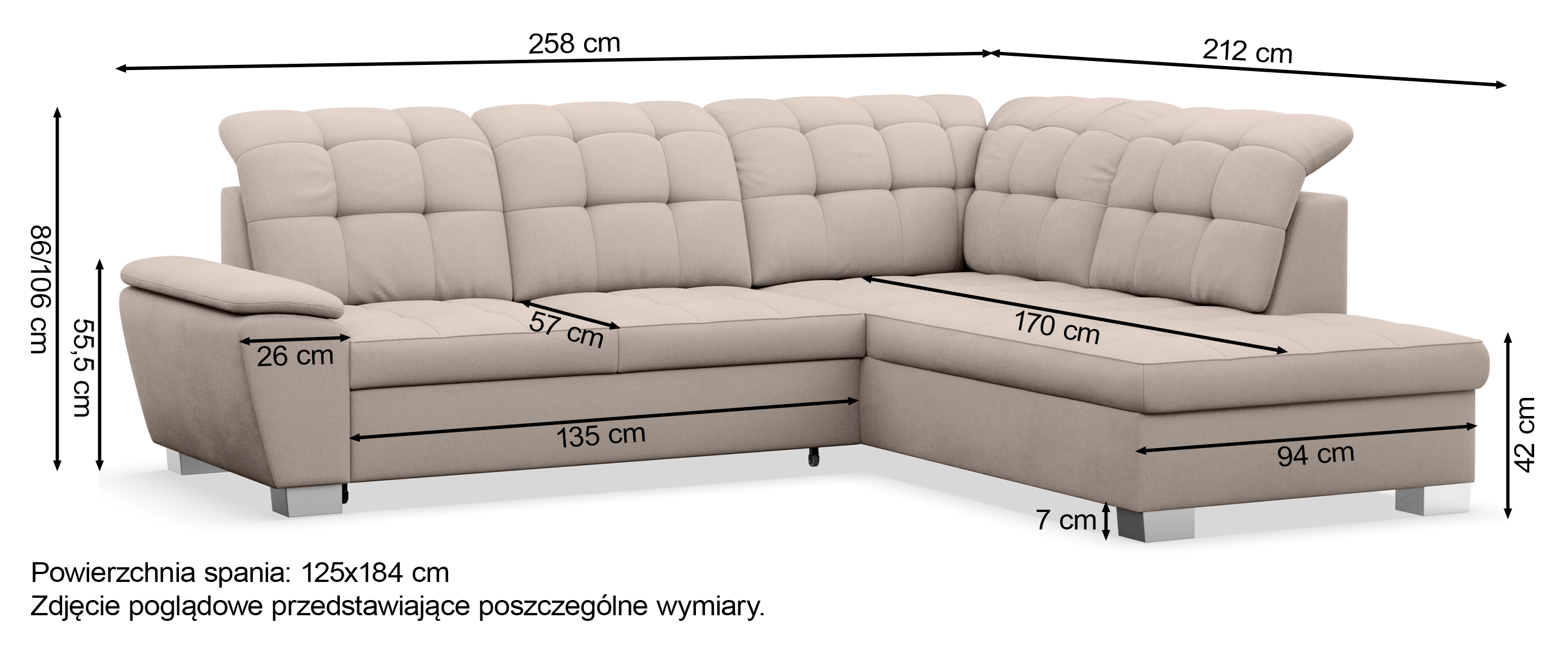 Rysunek wymiarowy - Narożnik Jamaal L-kształtny lewostronny z pojemnikiem beżowy plecionka: szerokość 258 cm, głębokość 212 cm, wysokość 106 cm
