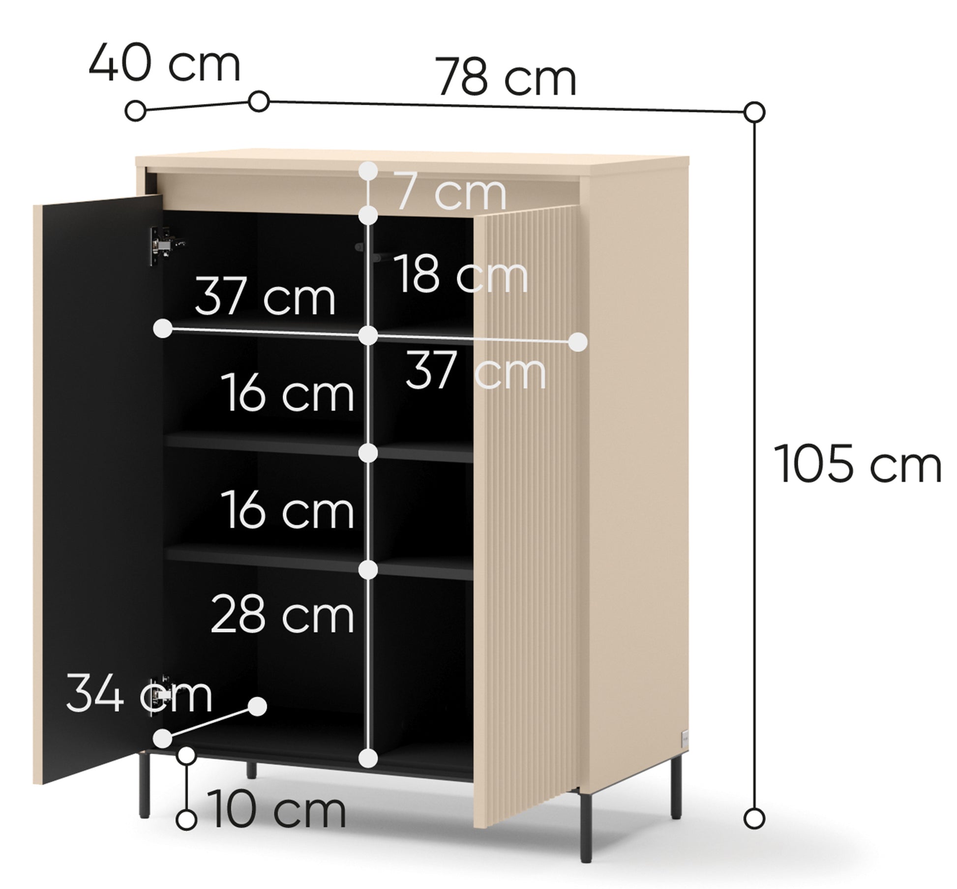 Komoda wysoka Trend dwudrzwiowa z oświetleniem 78 cm ryflowane fronty beż piaskowy / czarny - szerokość 78 cm