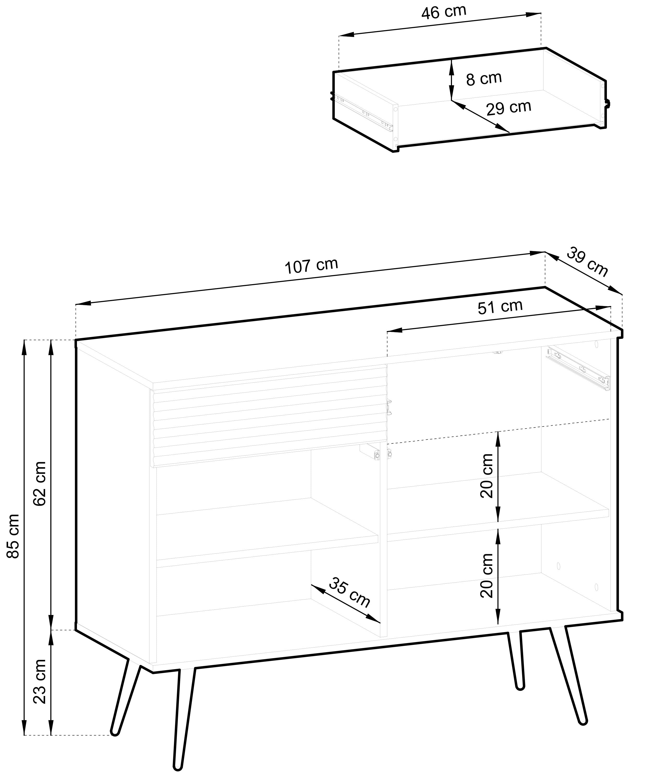 Rysunek wymiarowy - Komoda dwudrzwiowa Glinte z szufladami 107 cm biała: szerokość 107 cm, głębokość 39 cm, wysokość 85 cm