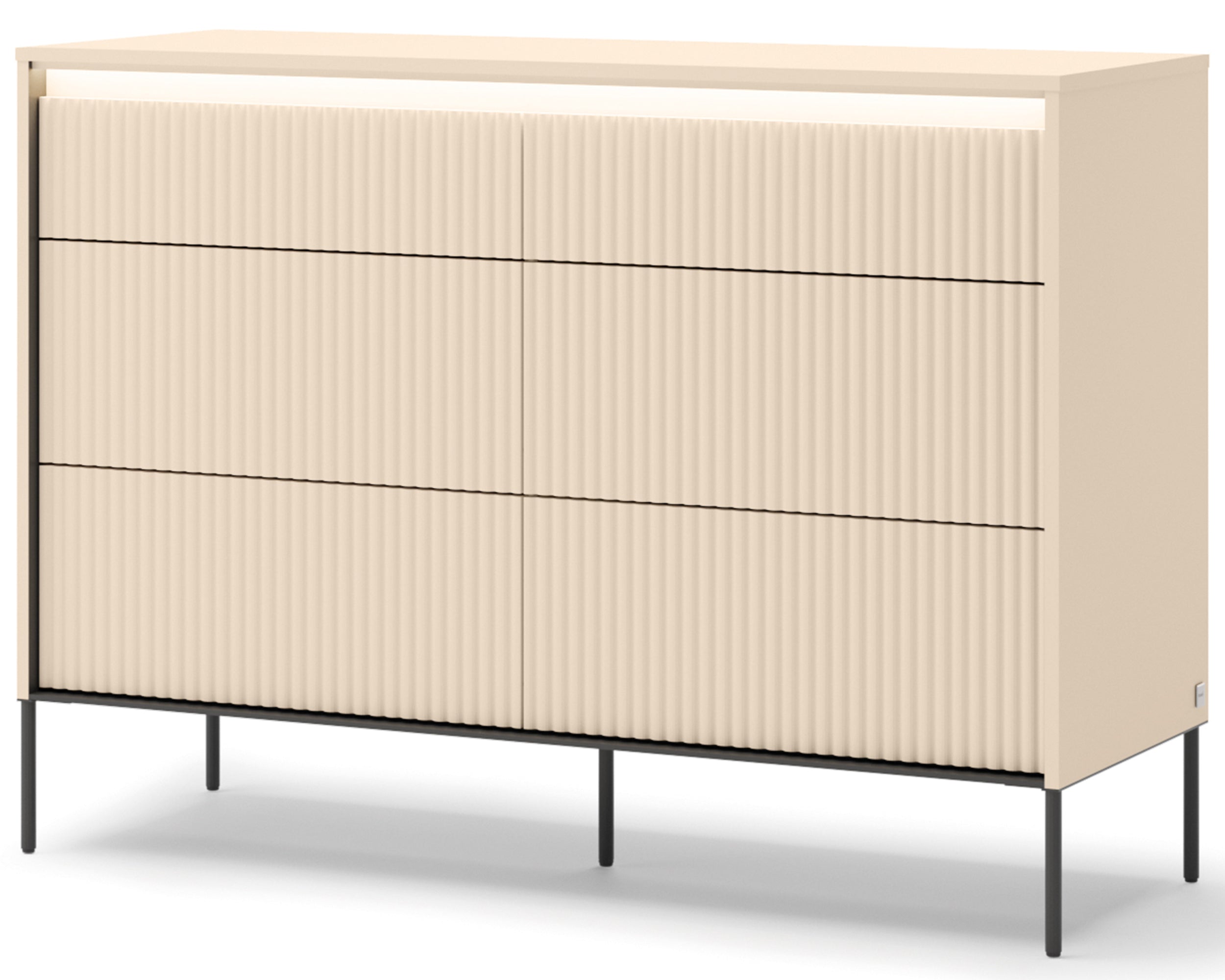 Komoda Trend z sześcioma szufladami i oświetleniem 130 cm ryflowane fronty beż piaskowy / czarny