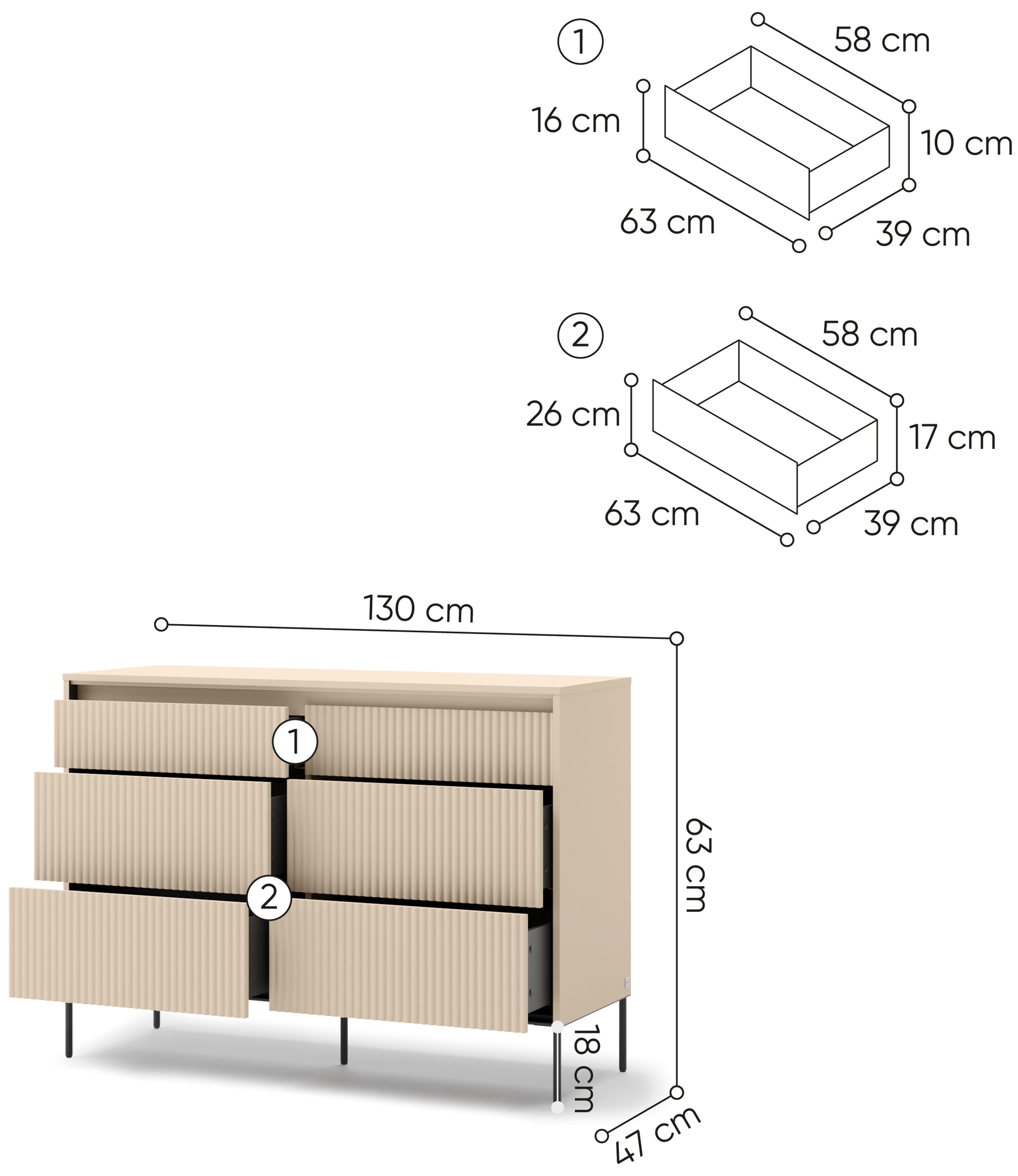 Komoda Trend z sześcioma szufladami i oświetleniem 130 cm ryflowane fronty beż piaskowy / czarny