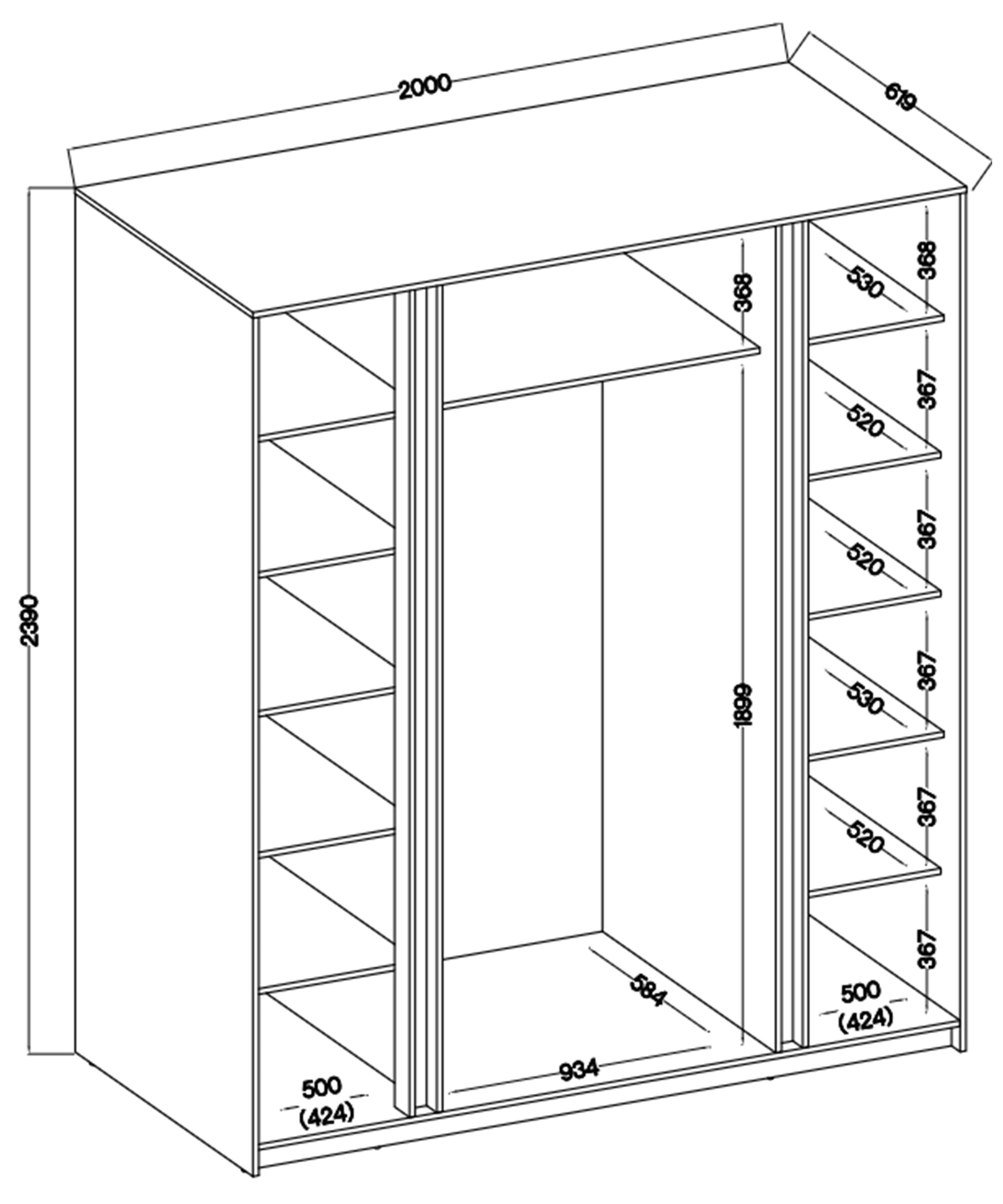 Rysunek wymiarowy - Szafa Kaja z lamelami od zewnątrz i lustrem 200 cm dąb evoke: szerokość 200 cm, głębokość 61,9 cm, wysokość 239 cm