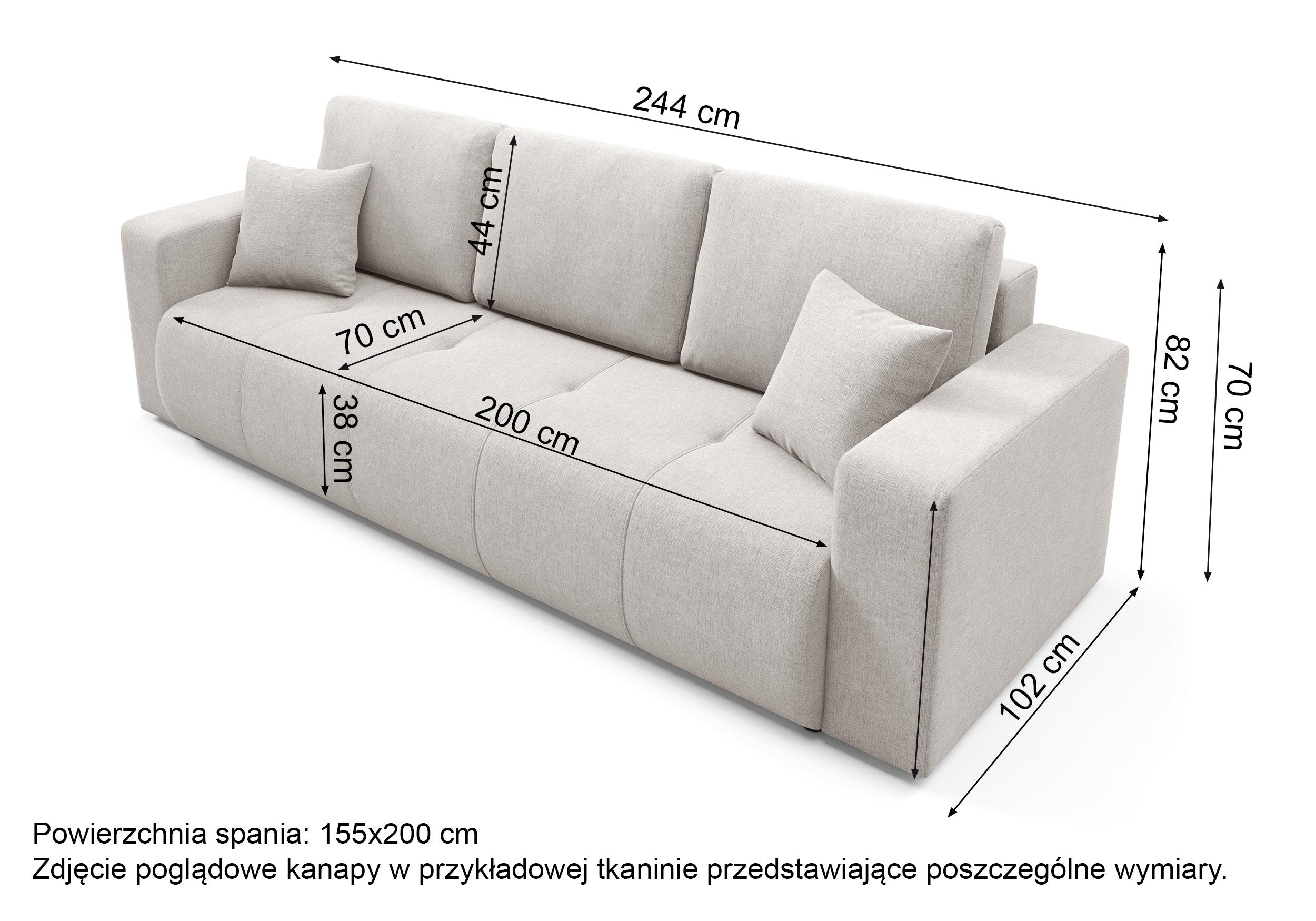 Rysunek wymiarowy - Kanapa Wind grafitowa: szerokość 244 cm, głębokość 102 cm, wysokość 82 cm