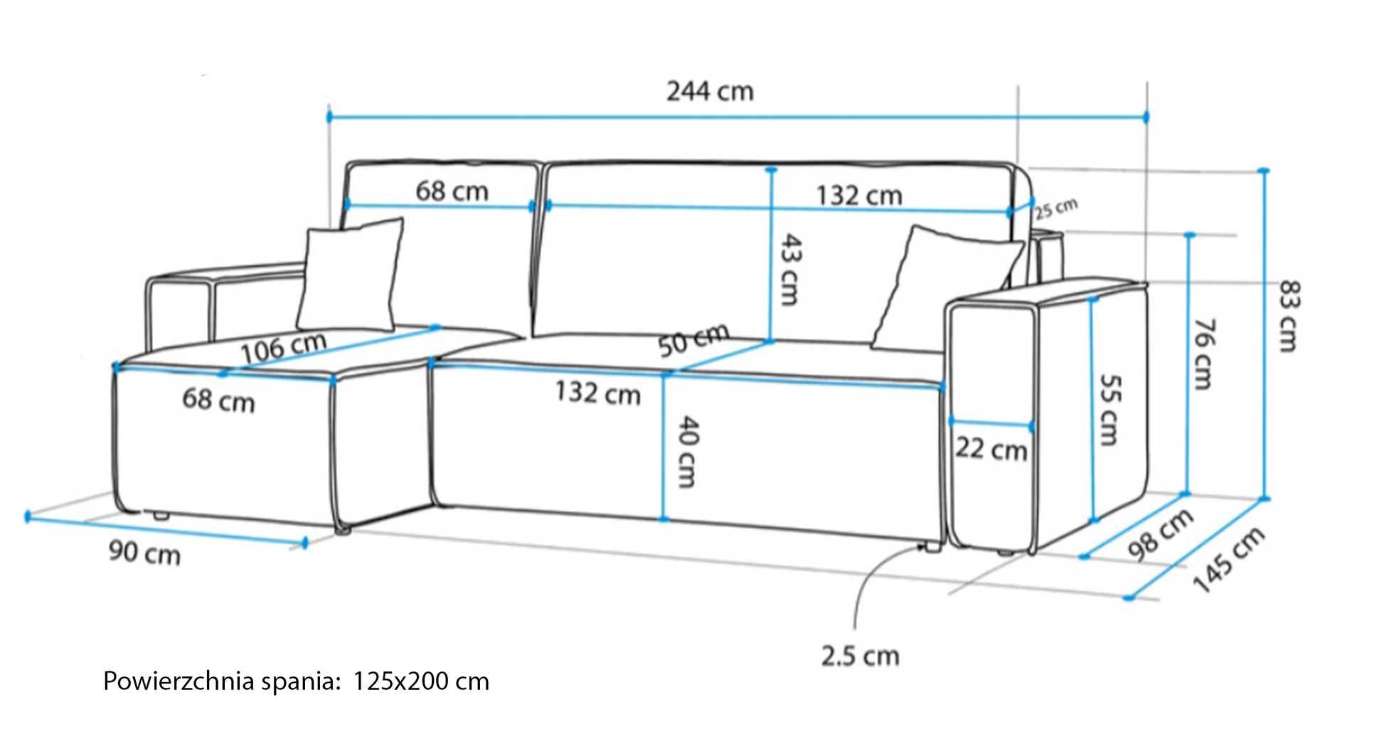 Rysunek wymiarowy - Narożnik Scarlo L-kształtny uniwersalny z pojemnikiem jasnobrązowy boucle: szerokość 244 cm, głębokość 145 cm, wysokość 83 cm