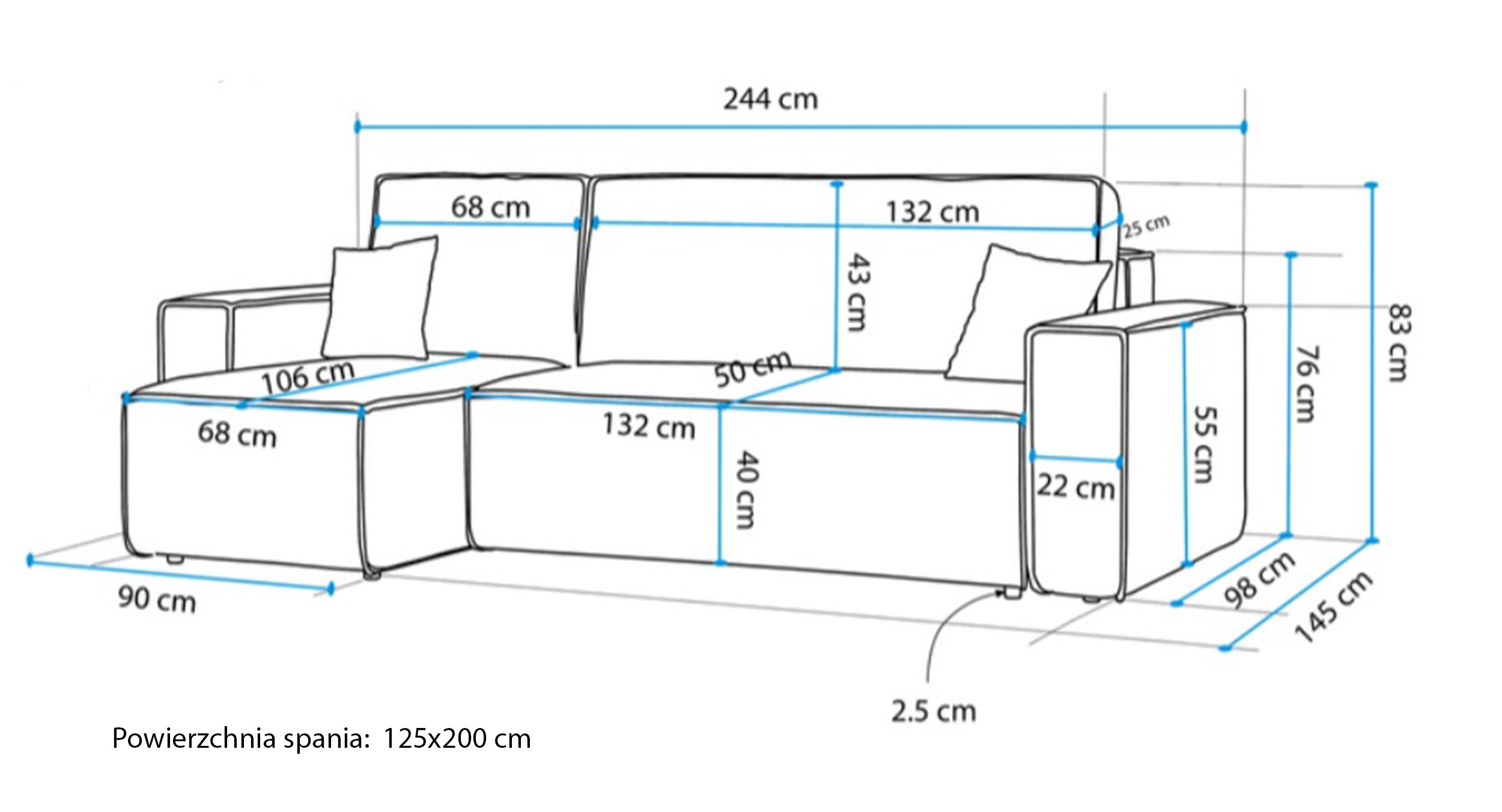 Rysunek wymiarowy - Narożnik Scarlo L-kształtny uniwersalny z pojemnikiem jasnobrązowy boucle: szerokość 244 cm, głębokość 145 cm, wysokość 83 cm