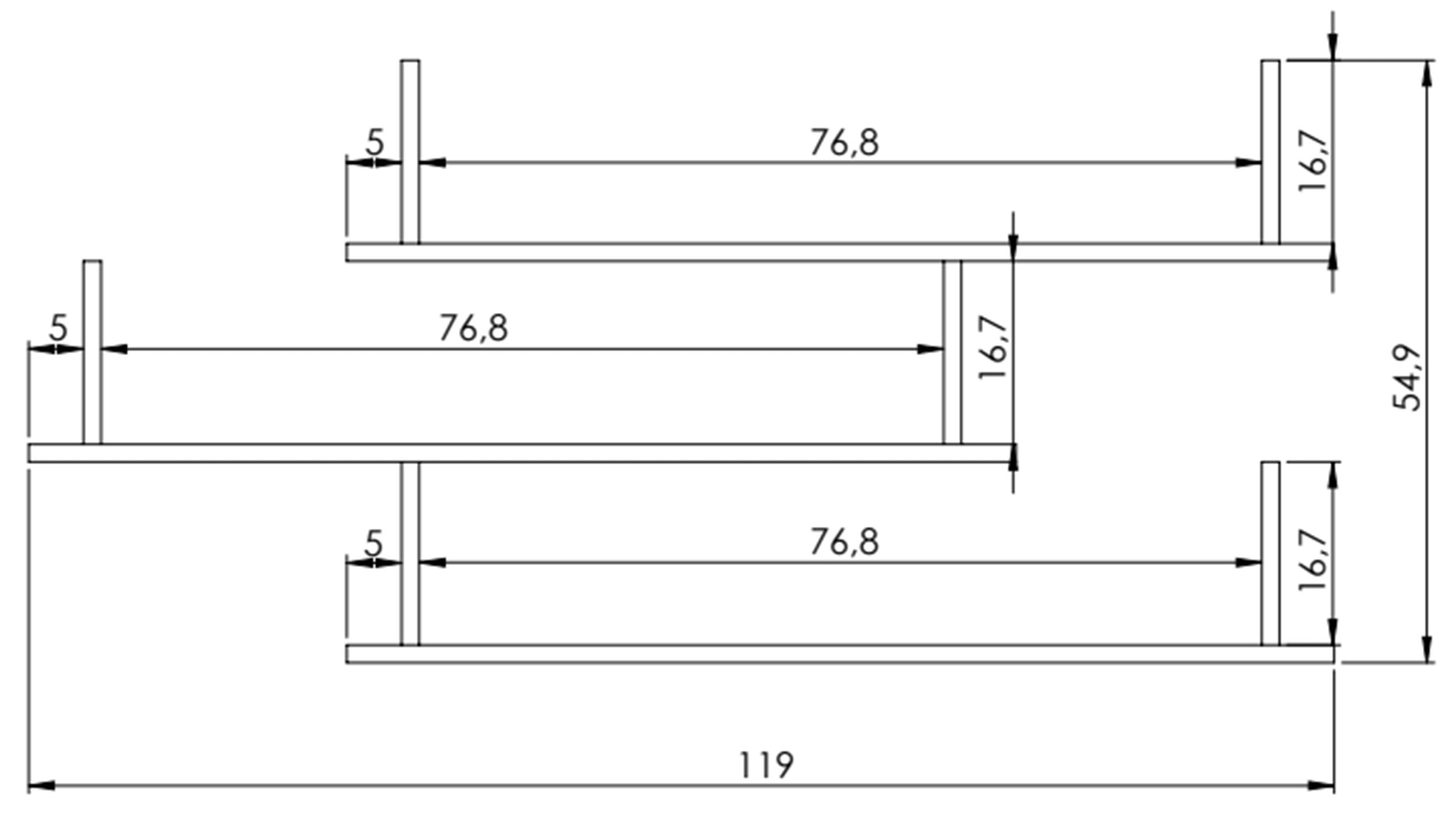 Rysunek wymiarowy - Półka wisząca Kassi trzypoziomowa 119 cm biała: szerokość 119 cm, głębokość 18 cm, wysokość 54,9 cm