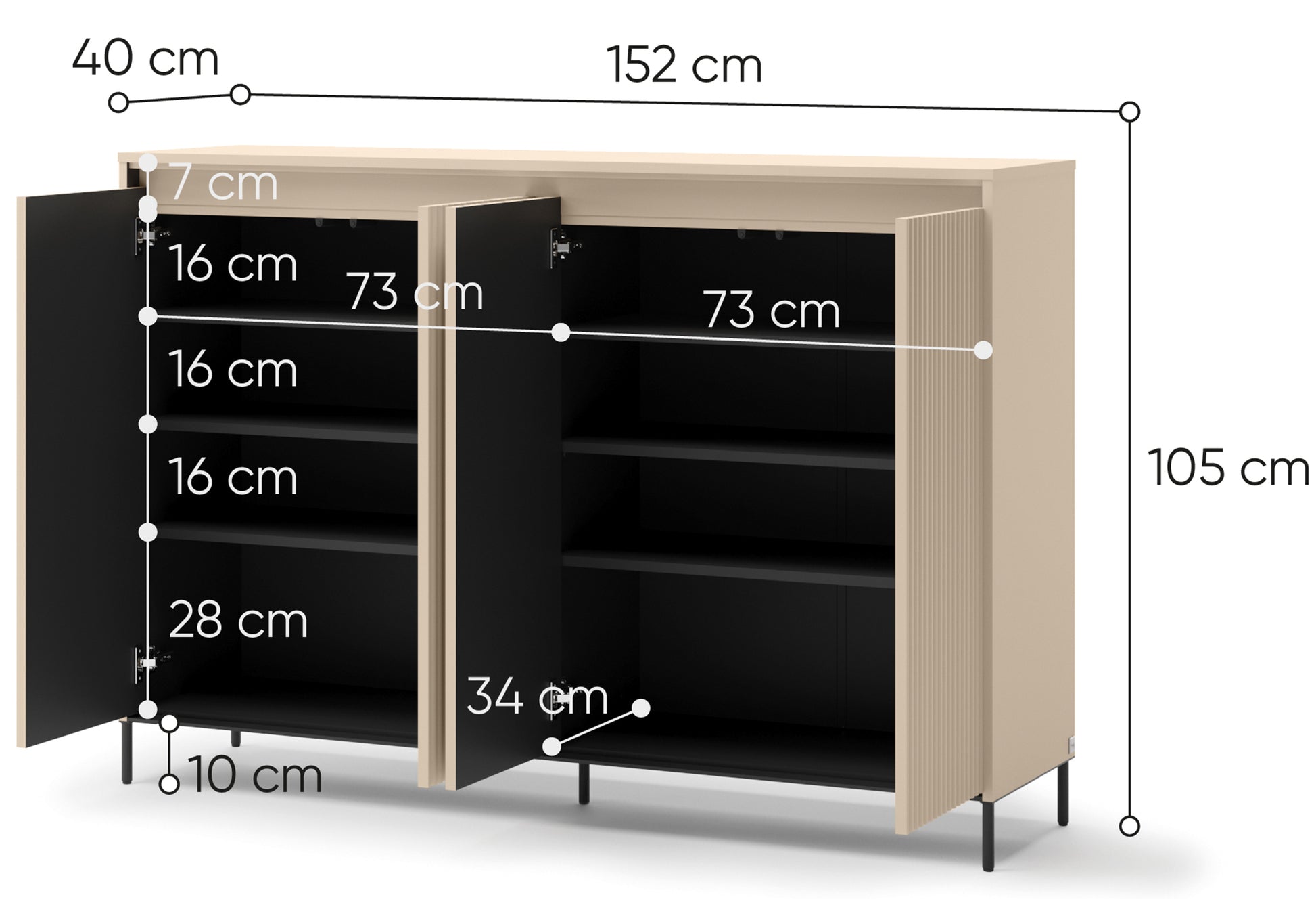 Komoda wysoka Trend czterodrzwiowa z oświetleniem 153 cm ryflowane fronty beż piaskowy / czarny - meble do przedpokoju