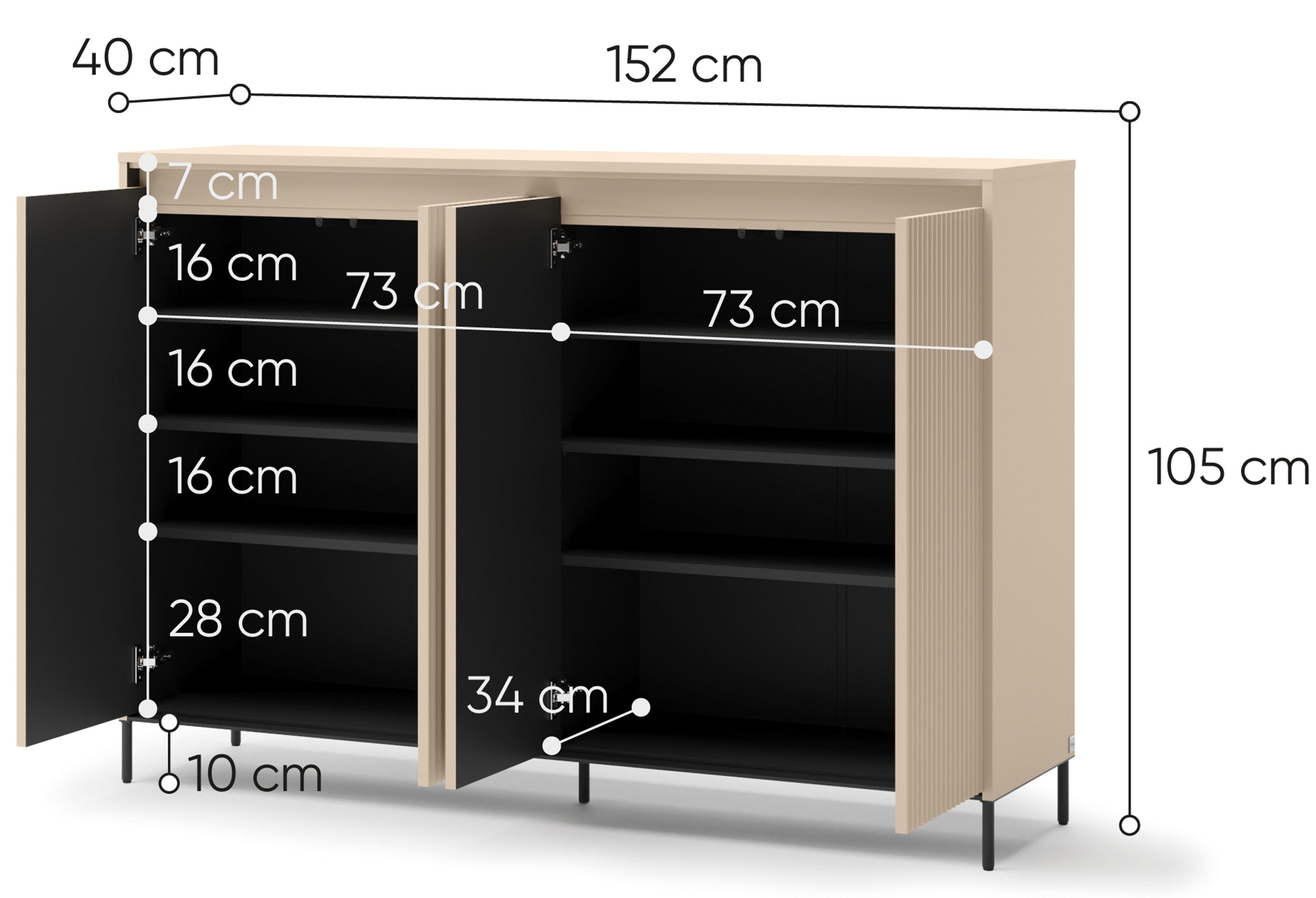 Komoda wysoka Trend czterodrzwiowa z oświetleniem 153 cm ryflowane fronty beż piaskowy / czarny - meble do przedpokoju
