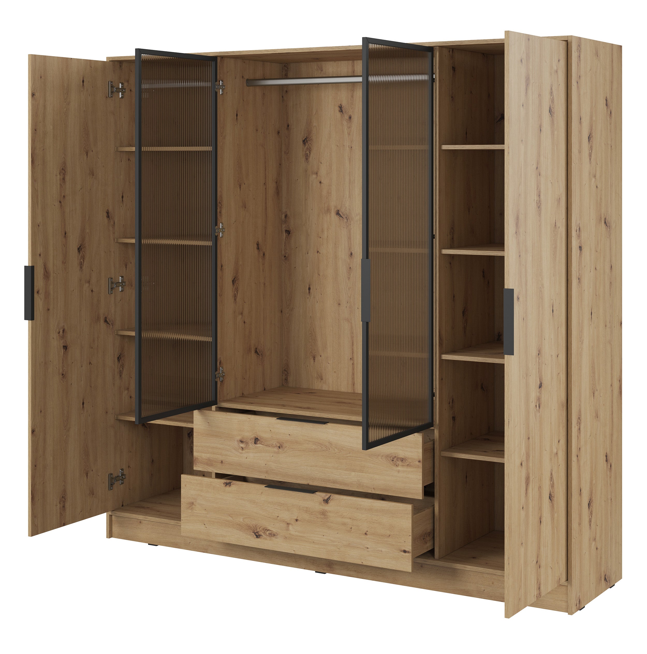 Szafa czterodrzwiowa Kelly z witryną i dwiema szufladami 206 cm dąb artisan - część witrynowa