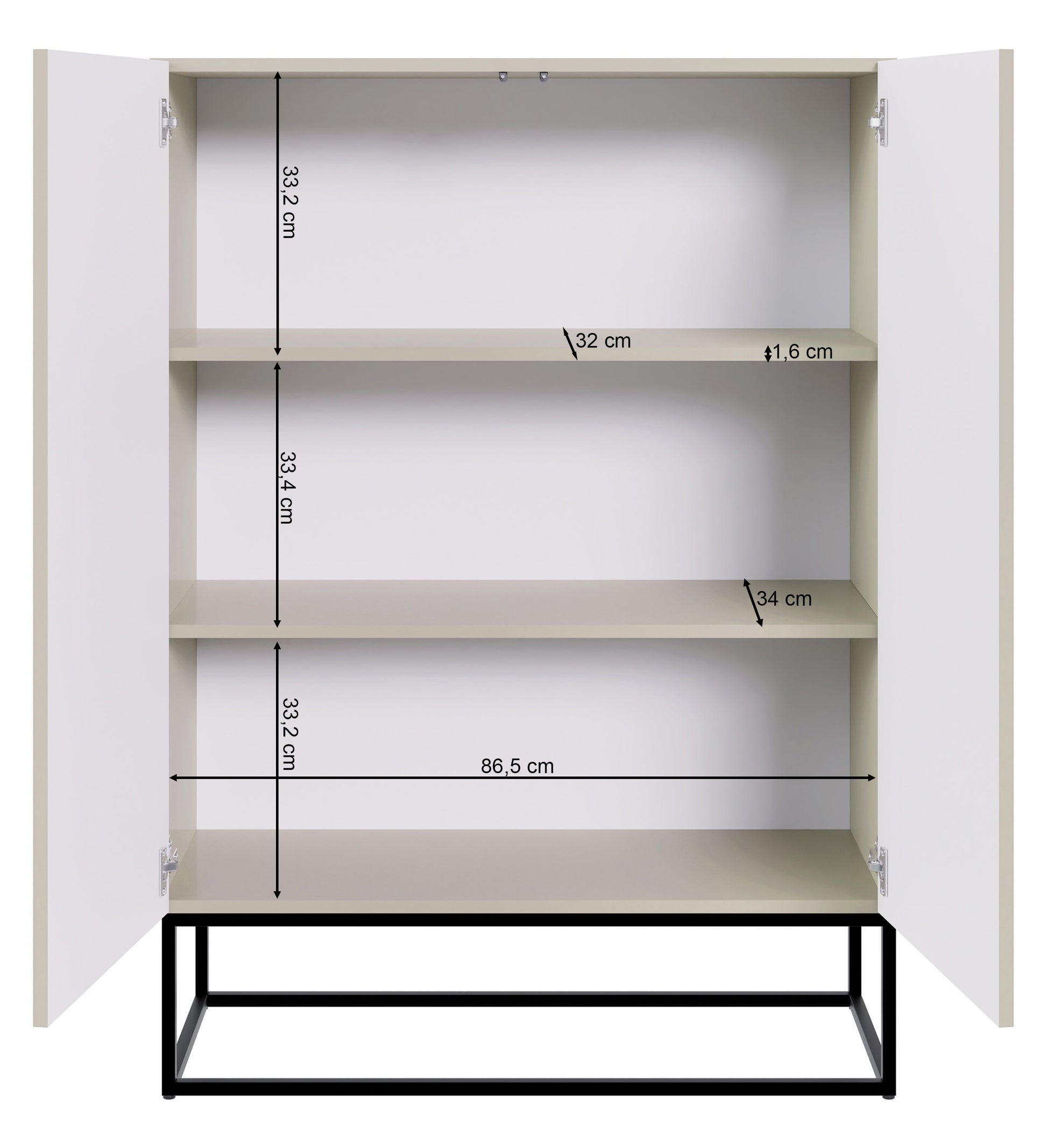 Rysunek wymiarowy 2 - Komoda dwudrzwiowa Veldio z frezowanym frontem 90 cm Szary beż ze złotymi: szerokość 90 cm, głębokość 38 cm, wysokość 125 cm
