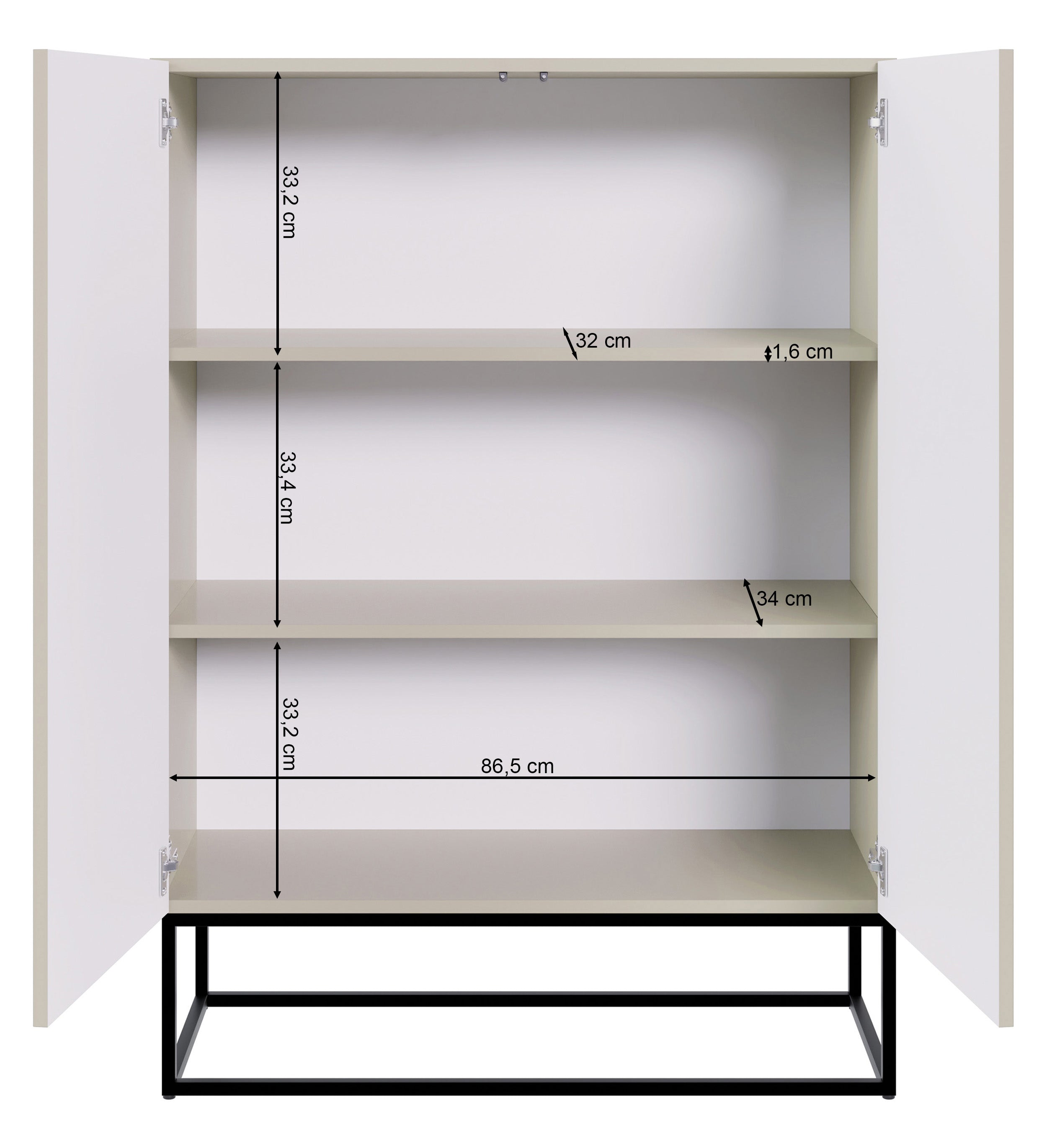 Rysunek wymiarowy 2 - Komoda dwudrzwiowa Veldio z frezowanym frontem 90 cm Szary beż ze złotymi: szerokość 90 cm, głębokość 38 cm, wysokość 125 cm