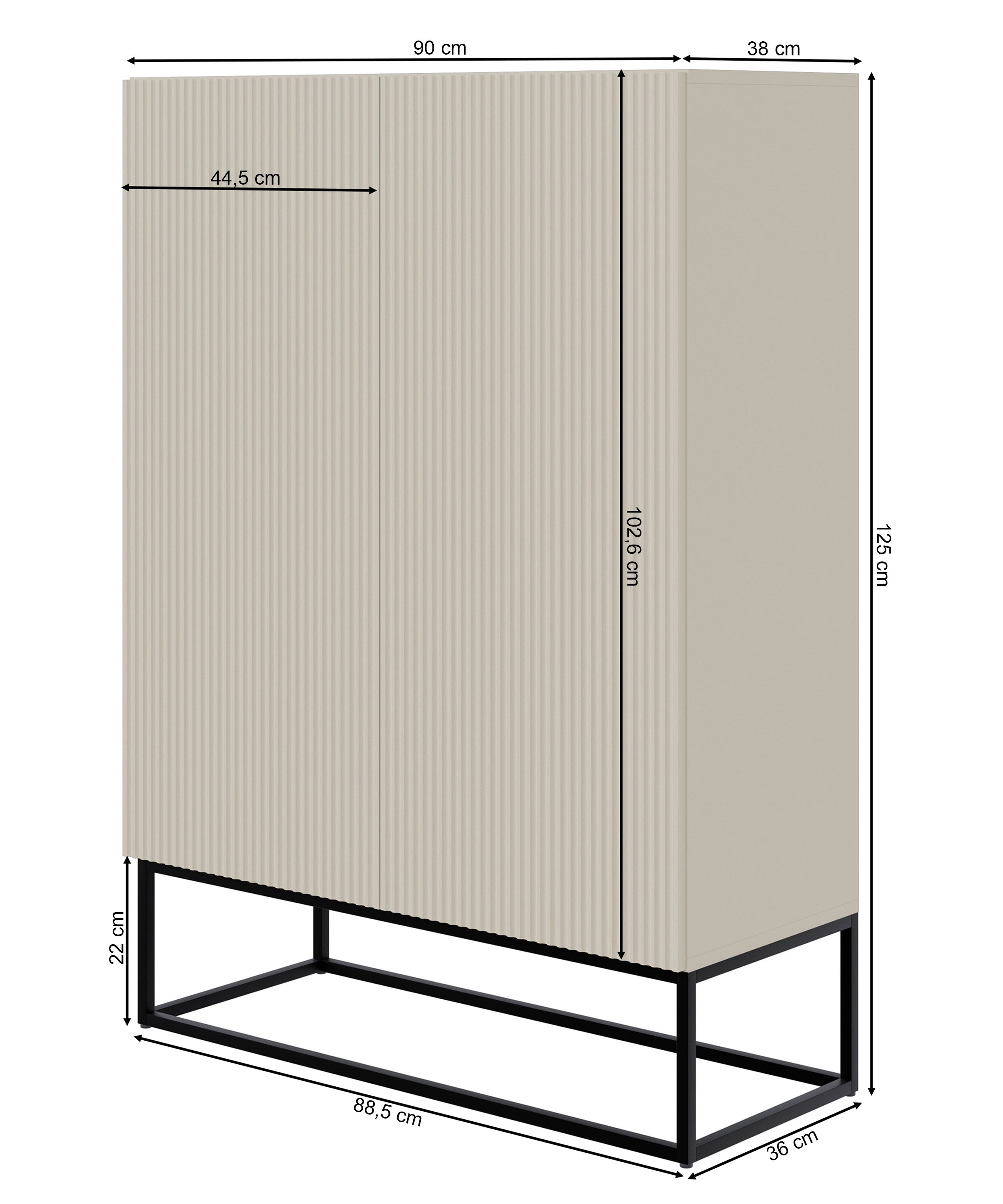 Rysunek wymiarowy - Komoda dwudrzwiowa Veldio z frezowanym frontem 90 cm Szary beż ze złotymi: szerokość 90 cm, głębokość 38 cm, wysokość 125 cm