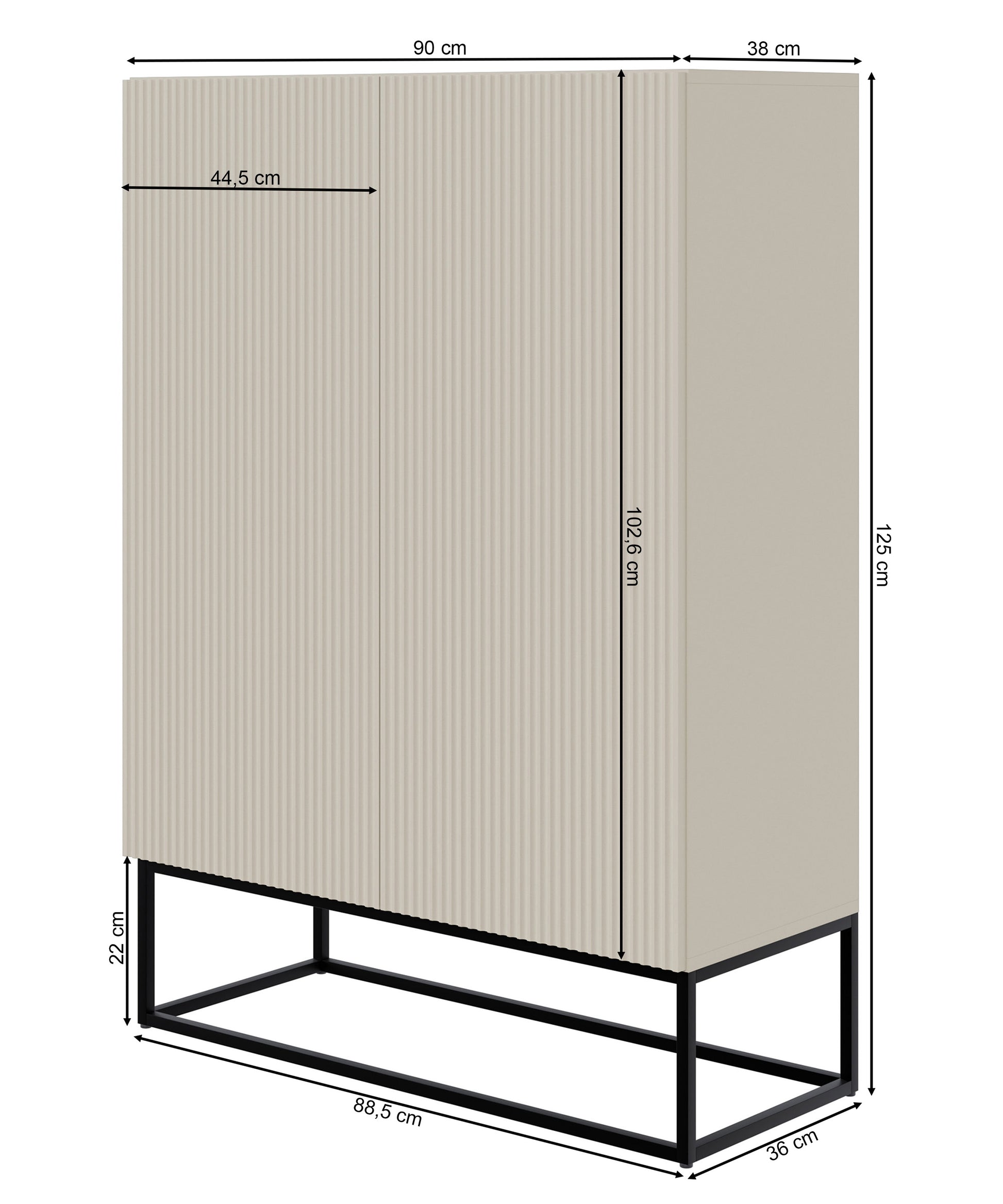 Rysunek wymiarowy - Komoda dwudrzwiowa Veldio z frezowanym frontem 90 cm Szary beż z czarnymi: szerokość 90 cm, głębokość 38 cm, wysokość 125 cm
