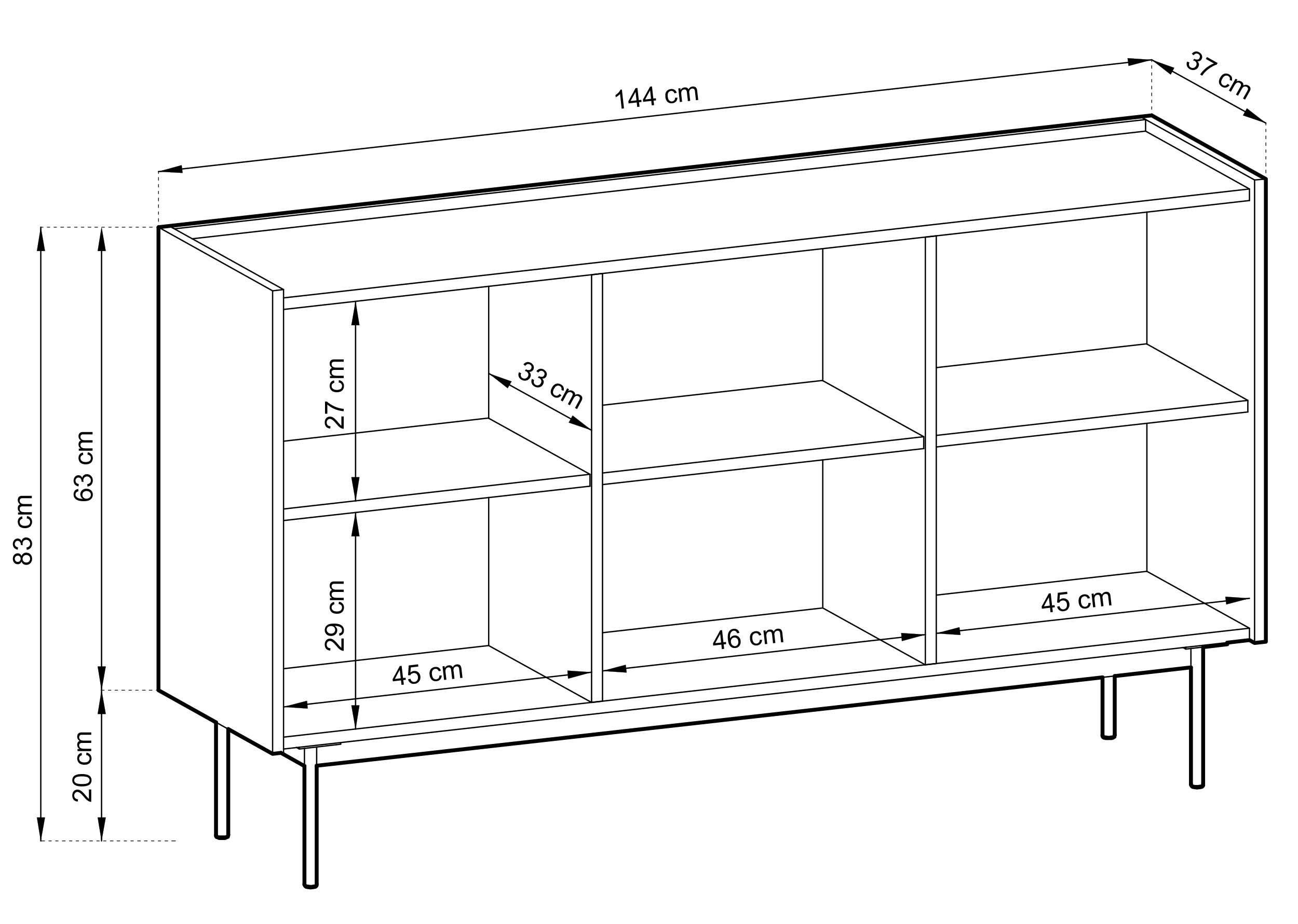 Rysunek wymiarowy - Komoda trzydrzwiowa Color 144 cm Kaszmir: szerokość 144 cm, głębokość 37 cm, wysokość 83 cm