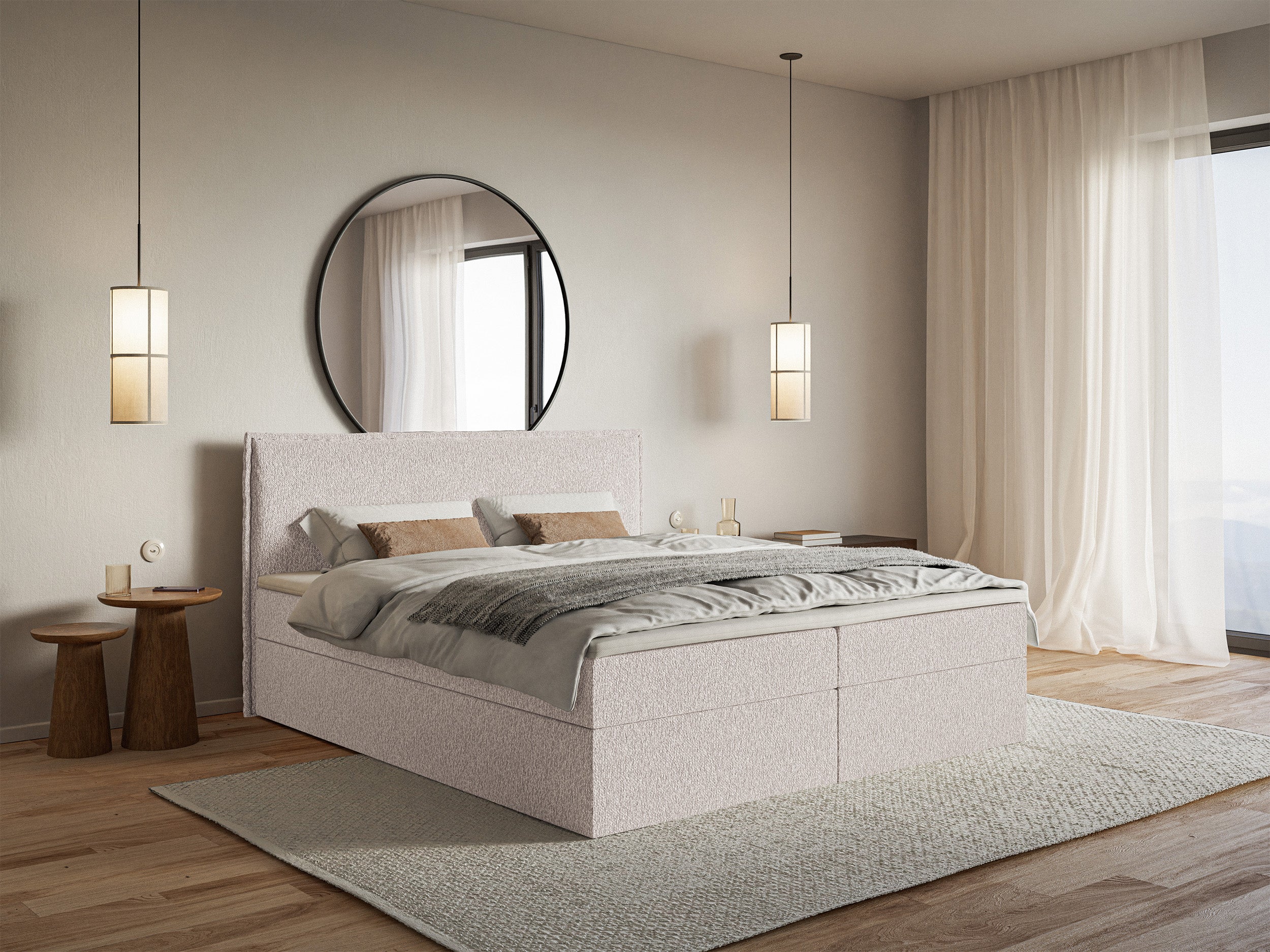 Łóżko kontynentalne 160x200 cm Softie z pojemnikami i topperem beżowe szenil