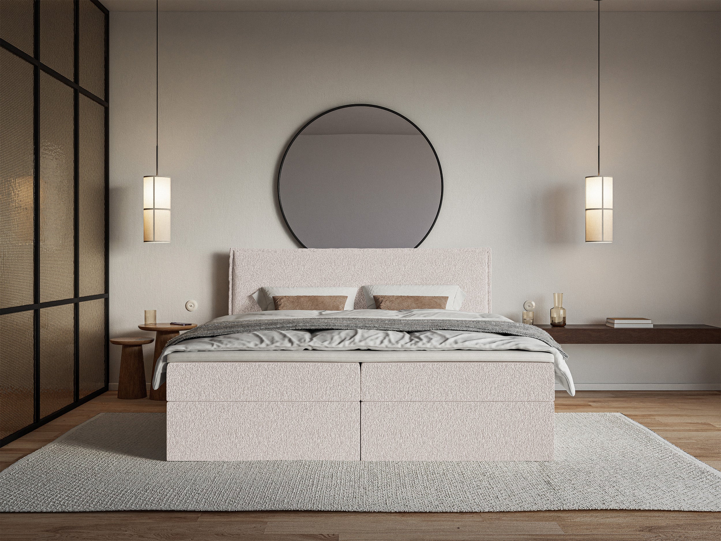 Łóżko kontynentalne 160x200 cm Softie z pojemnikami i topperem beżowe szenil