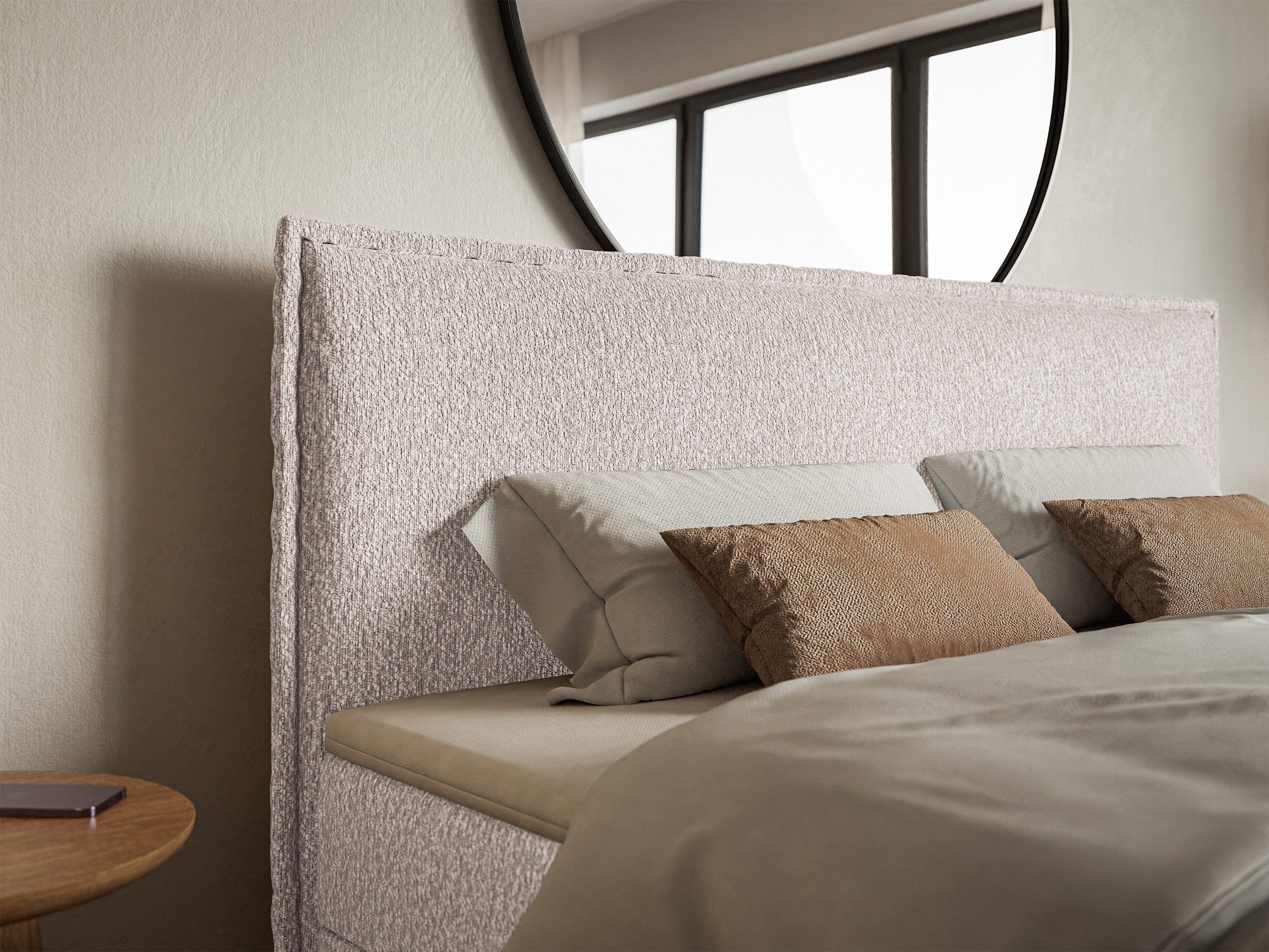 Łóżko kontynentalne 160x200 cm Softie z pojemnikami i topperem beżowe szenil