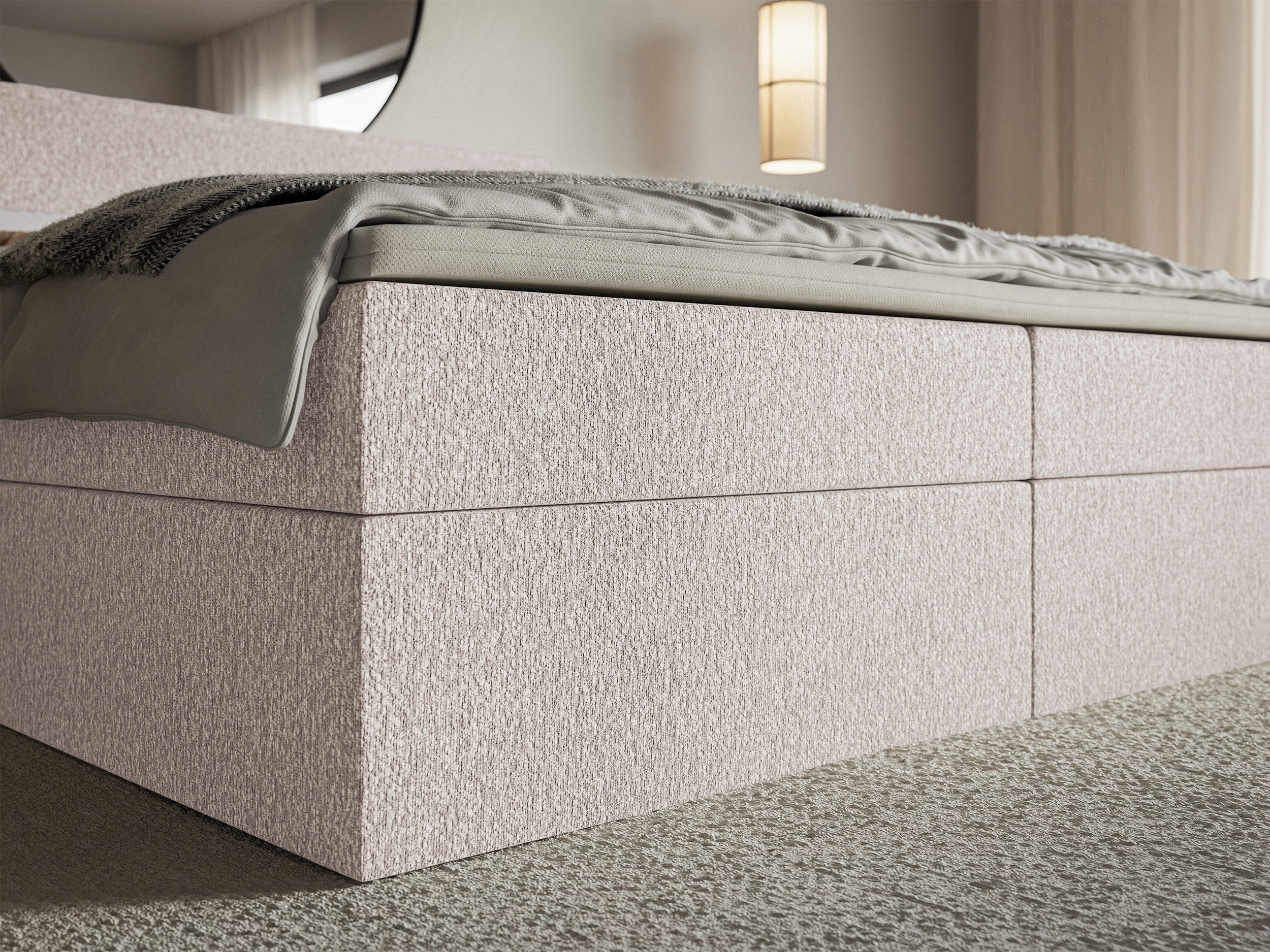 Łóżko kontynentalne 160x200 cm Softie z pojemnikami i topperem beżowe szenil