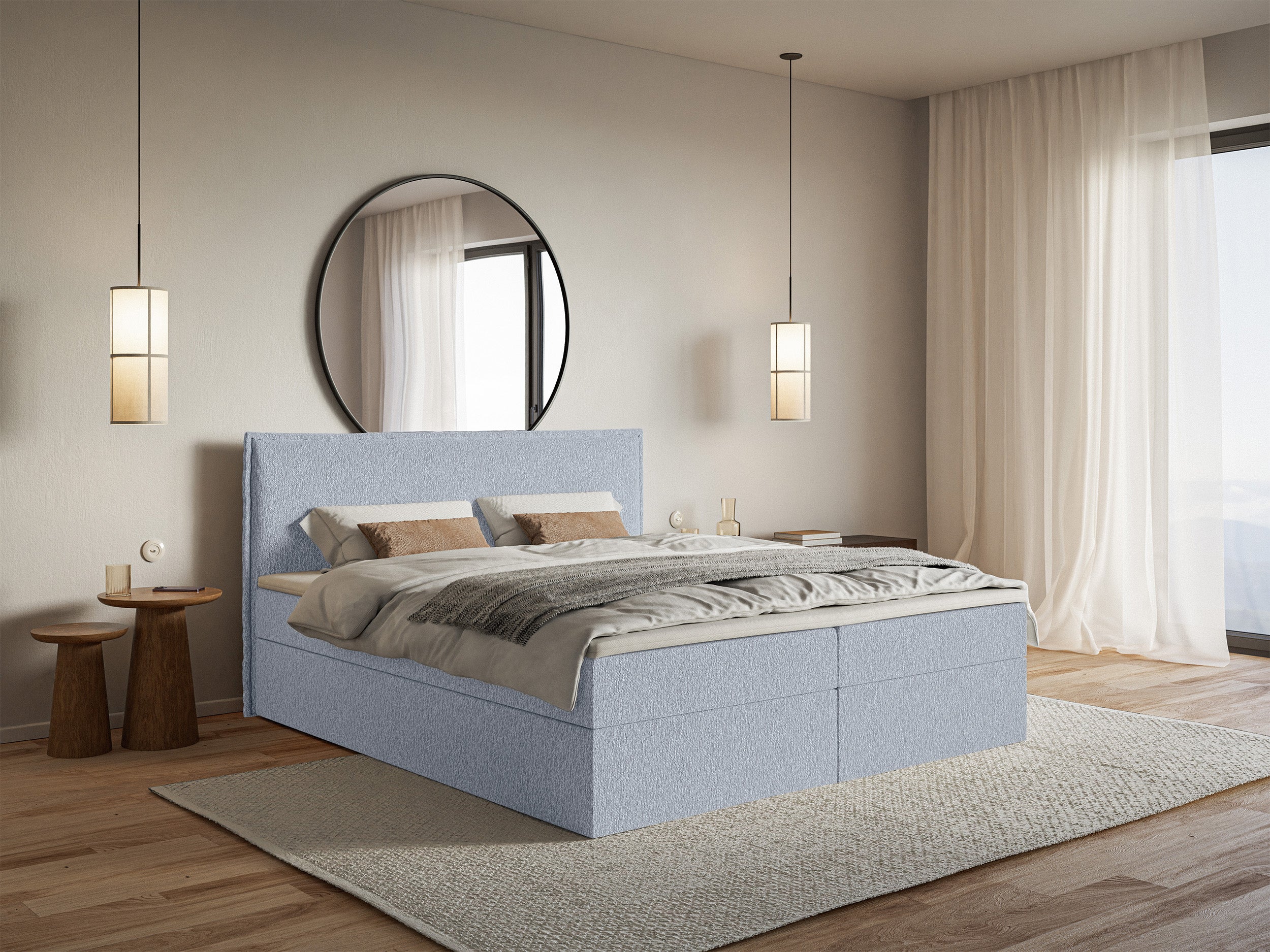 Łóżko kontynentalne 160x200 cm Softie z pojemnikami i topperem błękitne szenil
