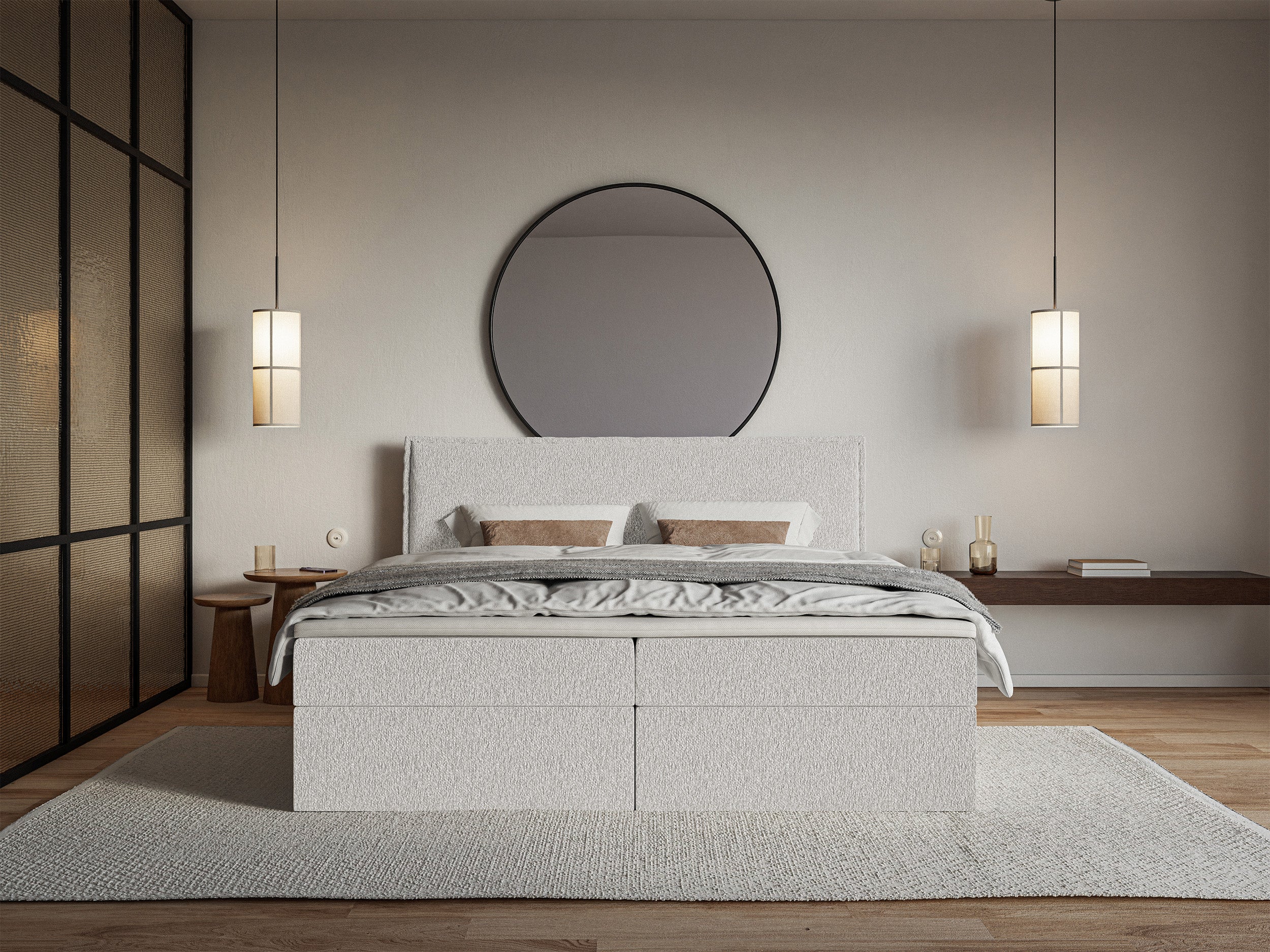Łóżko kontynentalne 160x200 cm Softie z pojemnikami i topperem jasnoszare szenil