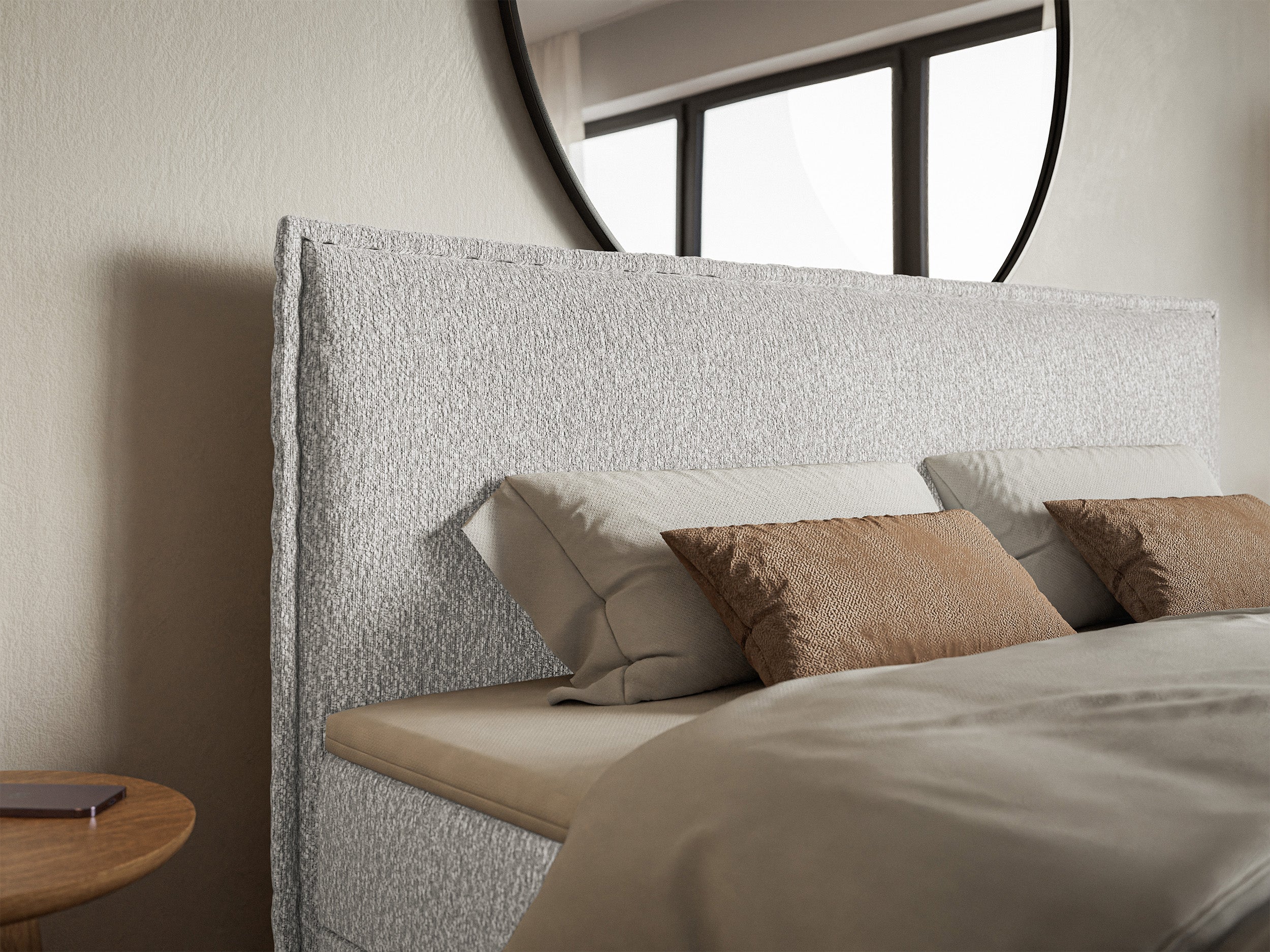Łóżko kontynentalne 160x200 cm Softie z pojemnikami i topperem jasnoszare szenil