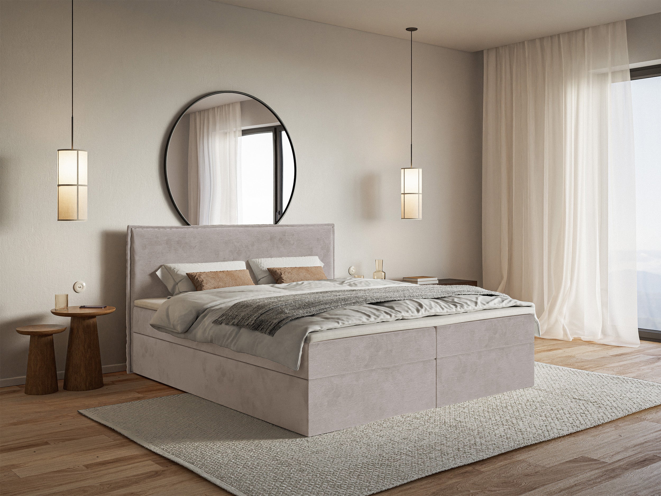 Łóżko kontynentalne 140x200 cm Softie z pojemnikami i topperem szarobrązowe welur hydrofobowy - z materacem
