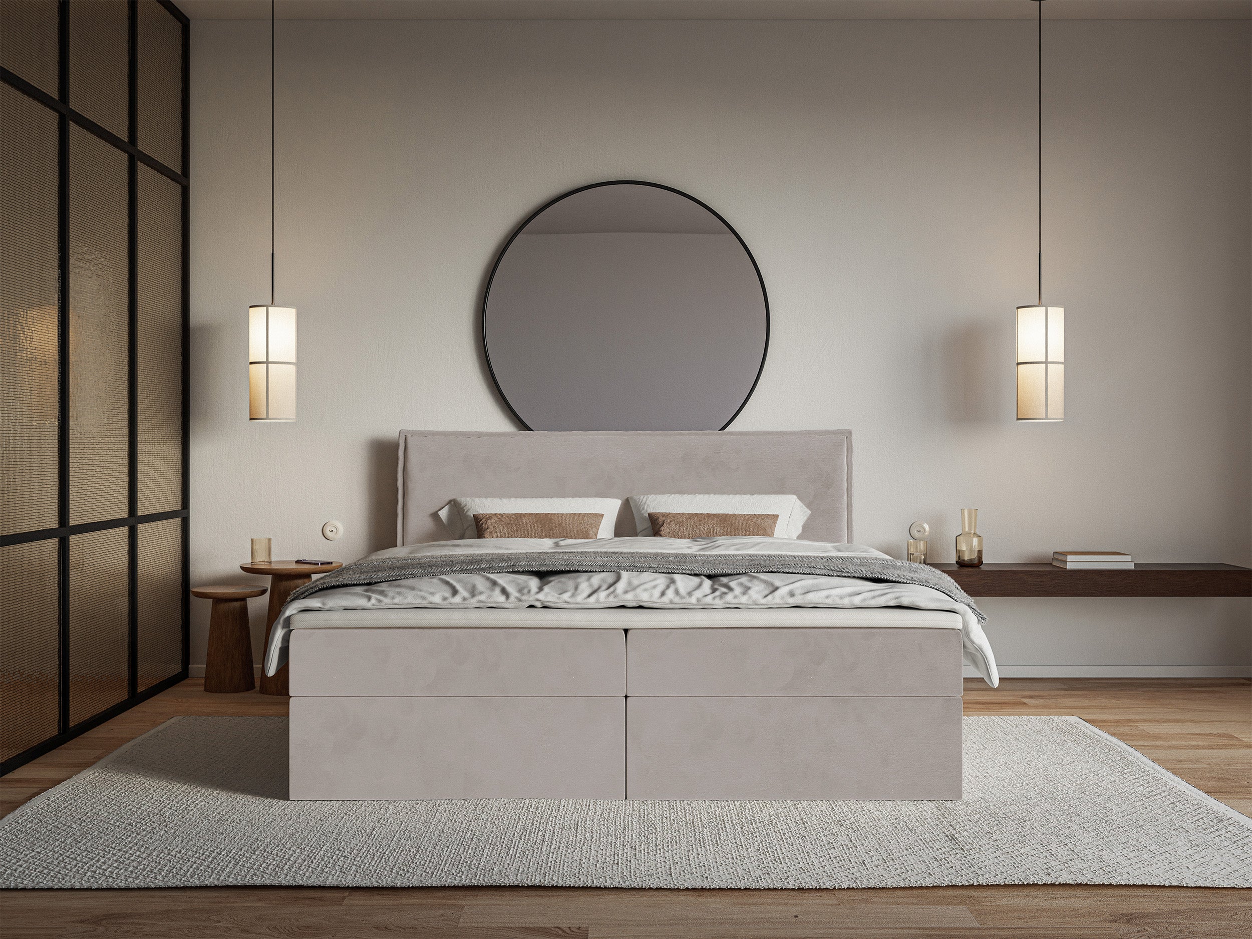 Łóżko kontynentalne 140x200 cm Softie z pojemnikami i topperem szarobrązowe welur hydrofobowy - rodzaj dwuosobowy