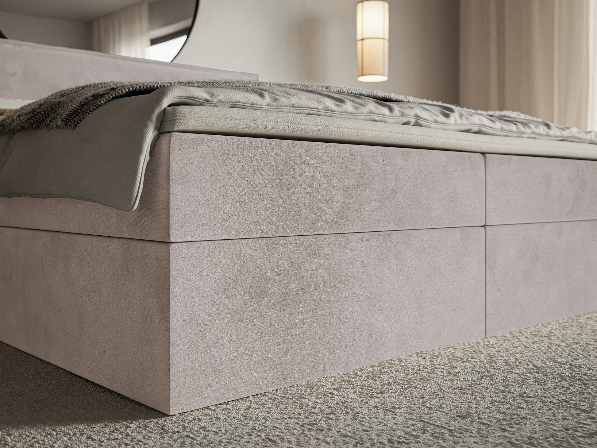 Łóżko kontynentalne 140x200 cm Softie z pojemnikami i topperem szarobrązowe welur hydrofobowy - materiał drewno