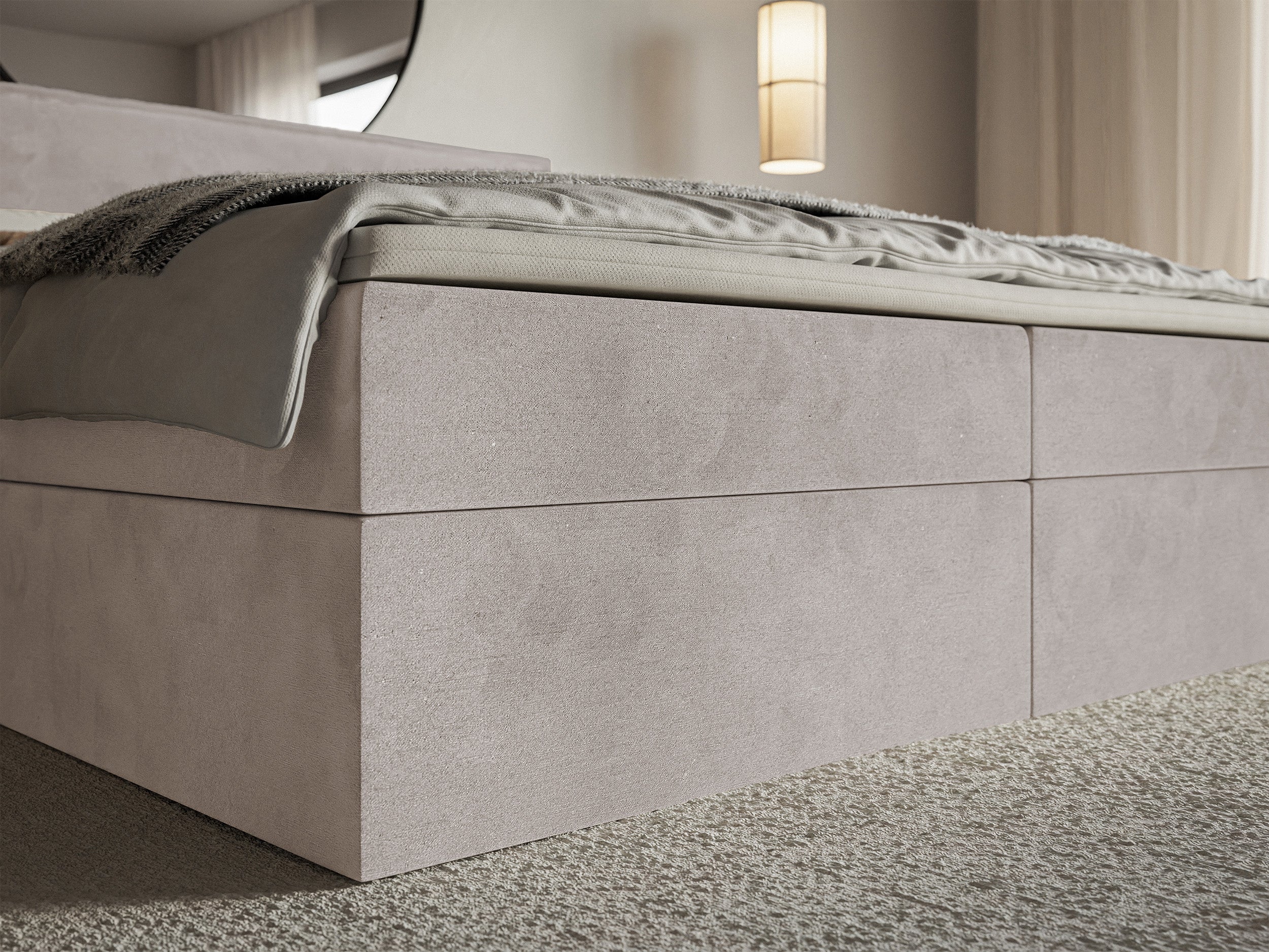 Łóżko kontynentalne 140x200 cm Softie z pojemnikami i topperem szarobrązowe welur hydrofobowy - materiał drewno