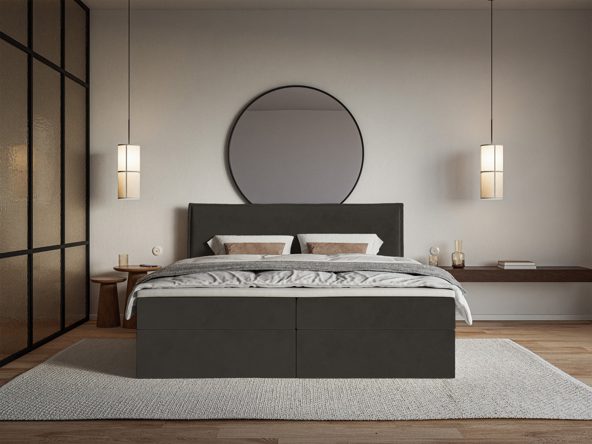 Łóżko kontynentalne 180x200 cm Softie z pojemnikami i topperem ciemnozielone welur hydrofobowy