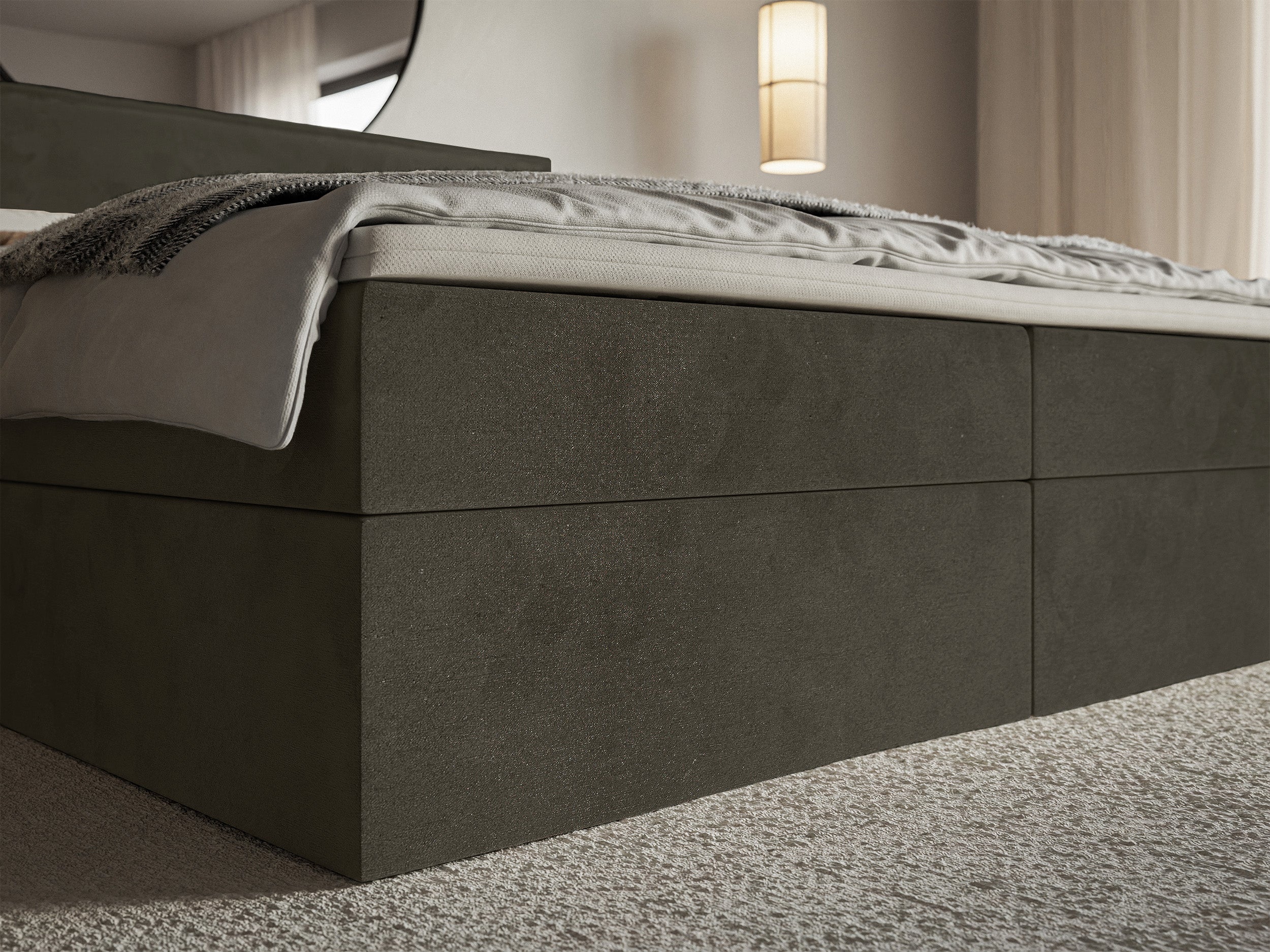 Łóżko kontynentalne 160x200 cm Softie z pojemnikami i topperem ciemnozielone welur hydrofobowy