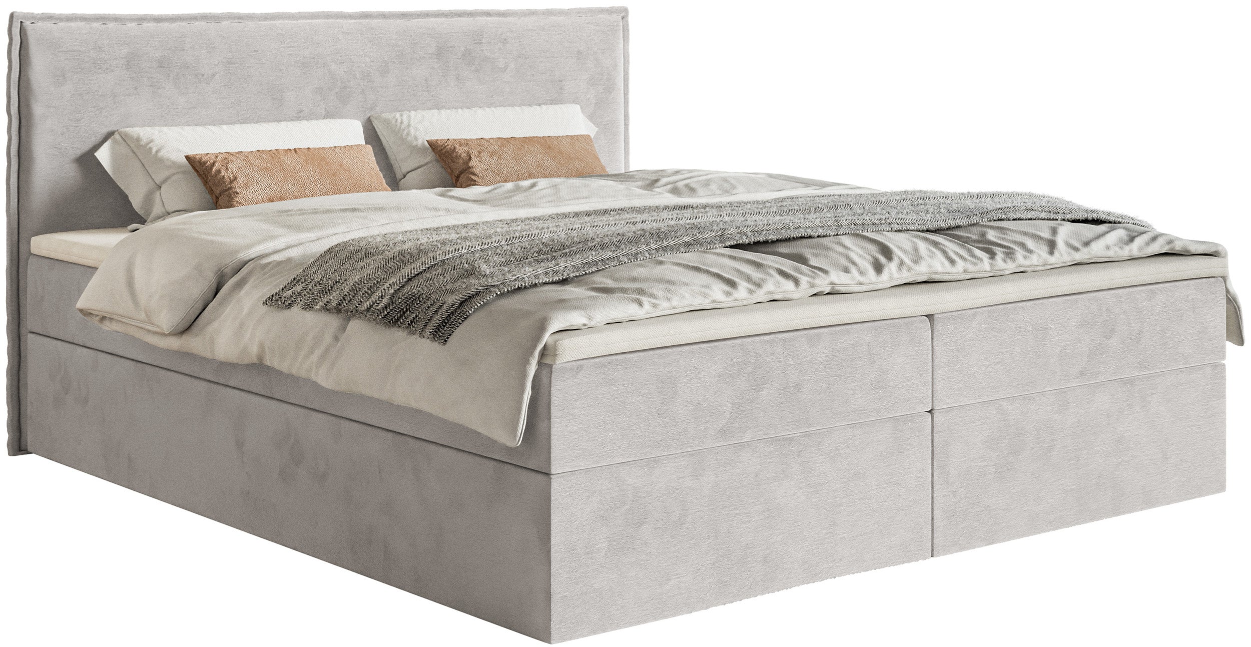 Łóżko kontynentalne 140x200 cm Softie z pojemnikami i topperem jasnoszare welur hydrofobowy